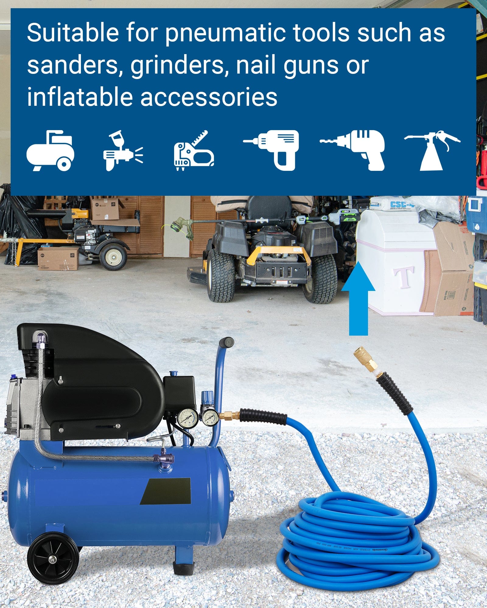 DEWENWILS Air Hose 3/8 Inch by 50FT 300 PSI, Heavy Duty Air Compressor Hose with 1/4" Industrial Quick Coupler Fittings, Flexible and Kink Resistant Hybrid Air Hose (Blue)-HHAH50A