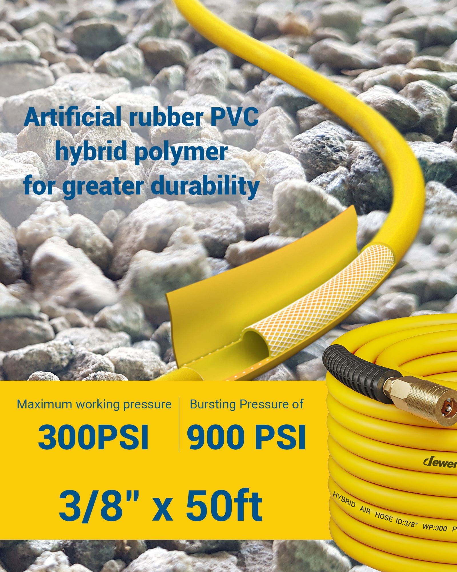 DEWENWILS 3/8 Inch x 50FT Air Hose 300 PSI, Heavy Duty Air Compressor Hose with 1/4" Industrial Quick Coupler Fittings, Flexible and Kink Resistant Hybrid Air Hose (Yellow)-HHAH50B