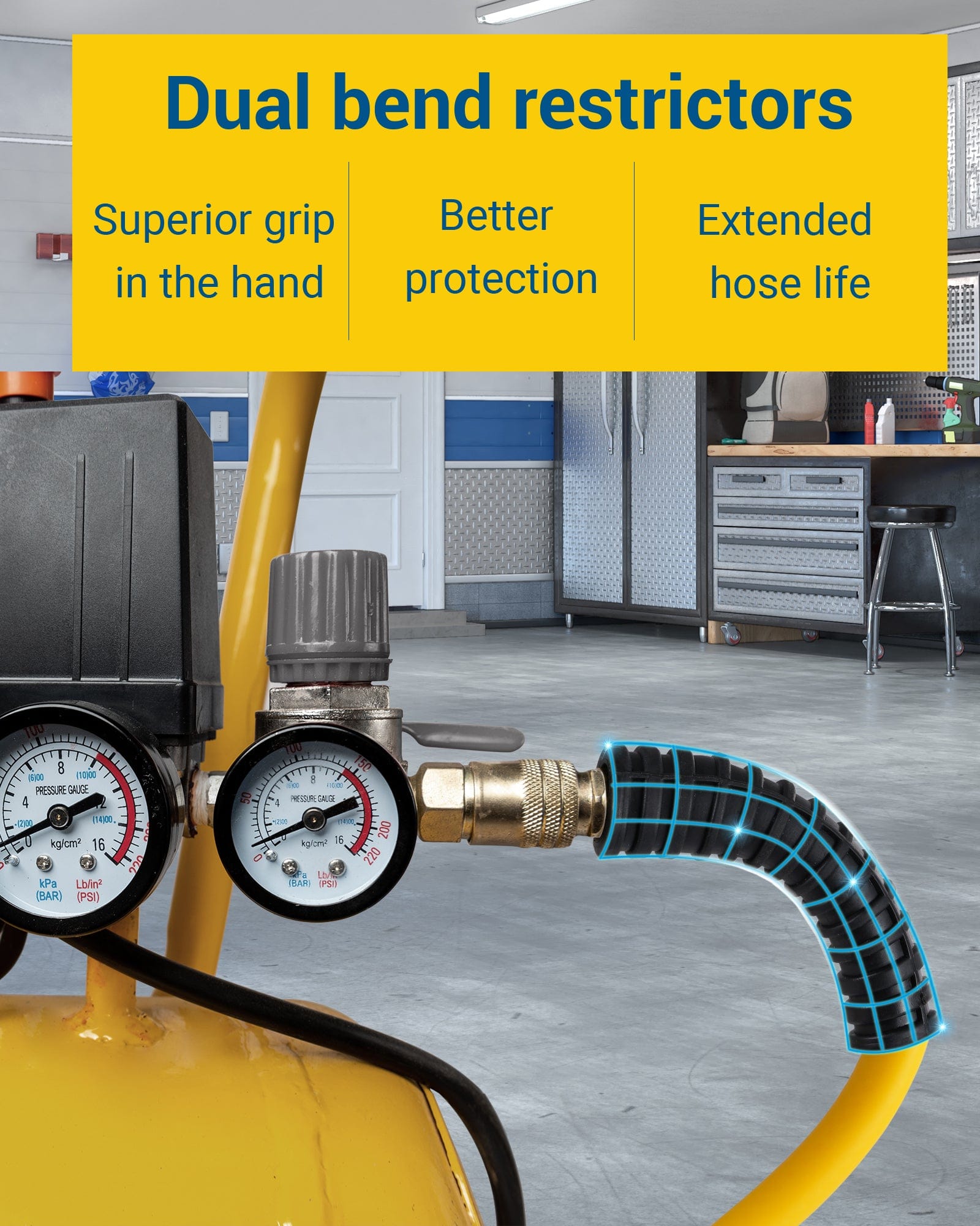 DEWENWILS 3/8 Inch x 50FT Air Hose 300 PSI, Heavy Duty Air Compressor Hose with 1/4" Industrial Quick Coupler Fittings, Flexible and Kink Resistant Hybrid Air Hose (Yellow)-HHAH50B