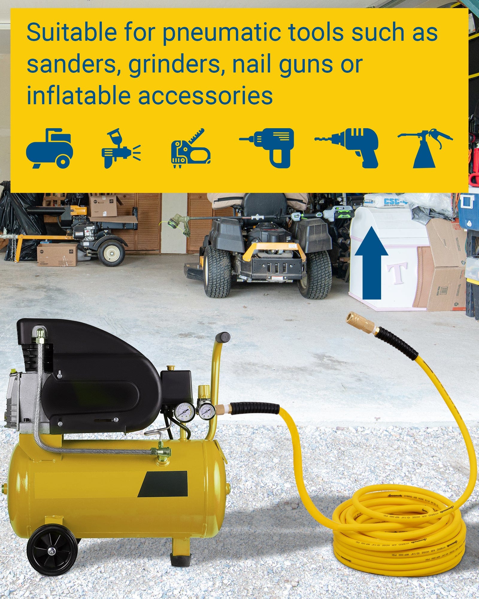 DEWENWILS 3/8 Inch x 50FT Air Hose 300 PSI, Heavy Duty Air Compressor Hose with 1/4" Industrial Quick Coupler Fittings, Flexible and Kink Resistant Hybrid Air Hose (Yellow)-HHAH50B