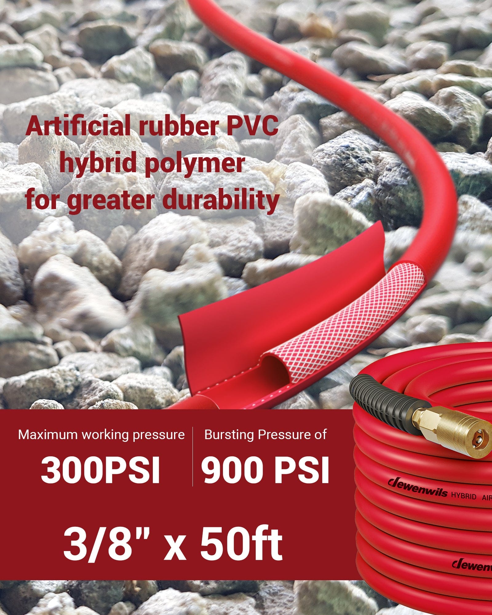 DEWENWILS 3/8 Inch x 50FT Hybrid Air Hose 300 PSI, Heavy Duty Air Compressor Hose with 1/4" Industrial Quick Coupler Fittings, Flexible and Kink Resistant Air Hose (Red)-HHAH50E