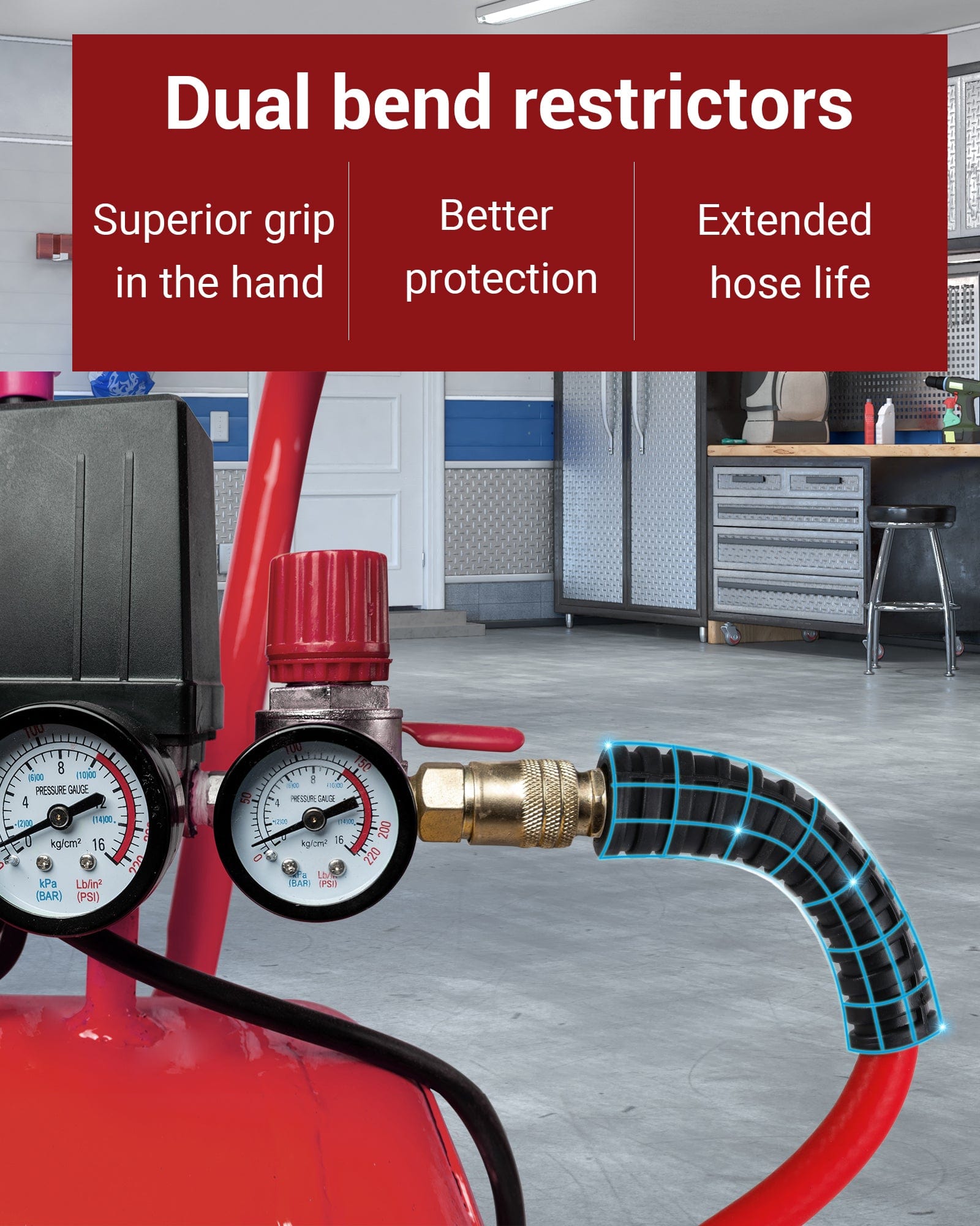 DEWENWILS 3/8 Inch x 50FT Hybrid Air Hose 300 PSI, Heavy Duty Air Compressor Hose with 1/4" Industrial Quick Coupler Fittings, Flexible and Kink Resistant Air Hose (Red)-HHAH50E