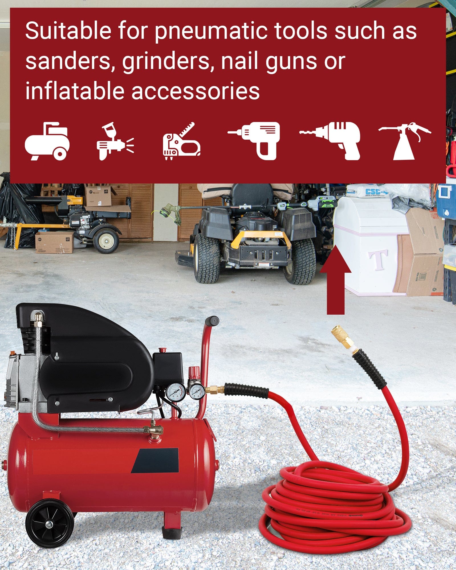 DEWENWILS 3/8 Inch x 50FT Hybrid Air Hose 300 PSI, Heavy Duty Air Compressor Hose with 1/4" Industrial Quick Coupler Fittings, Flexible and Kink Resistant Air Hose (Red)-HHAH50E