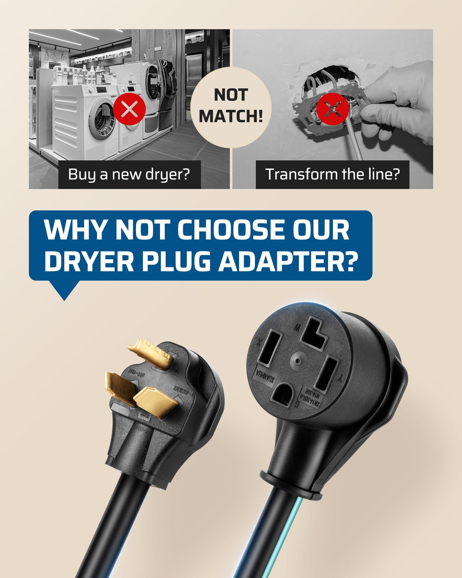 DEWENWILS Dryer Plug Adapter 4 Prong to 3 Prong, NEMA 10-30P Plug to 14-30R Receptacle, 4P Newer Dryer to 3P Older House,10AWG STW Dryer Connector Cord, 30 Amp/250V/7500W, 1.5 FT, Black-HHDC01D