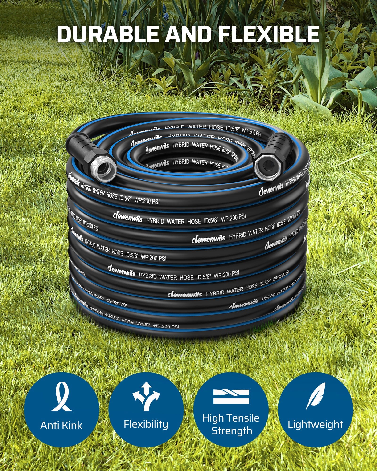 DEWENWILS 100ft 5/8" Garden Hose, Hybrid Water Hose with Rotate Handle, 3/4 Inch Solid Fittings-HHGH00E