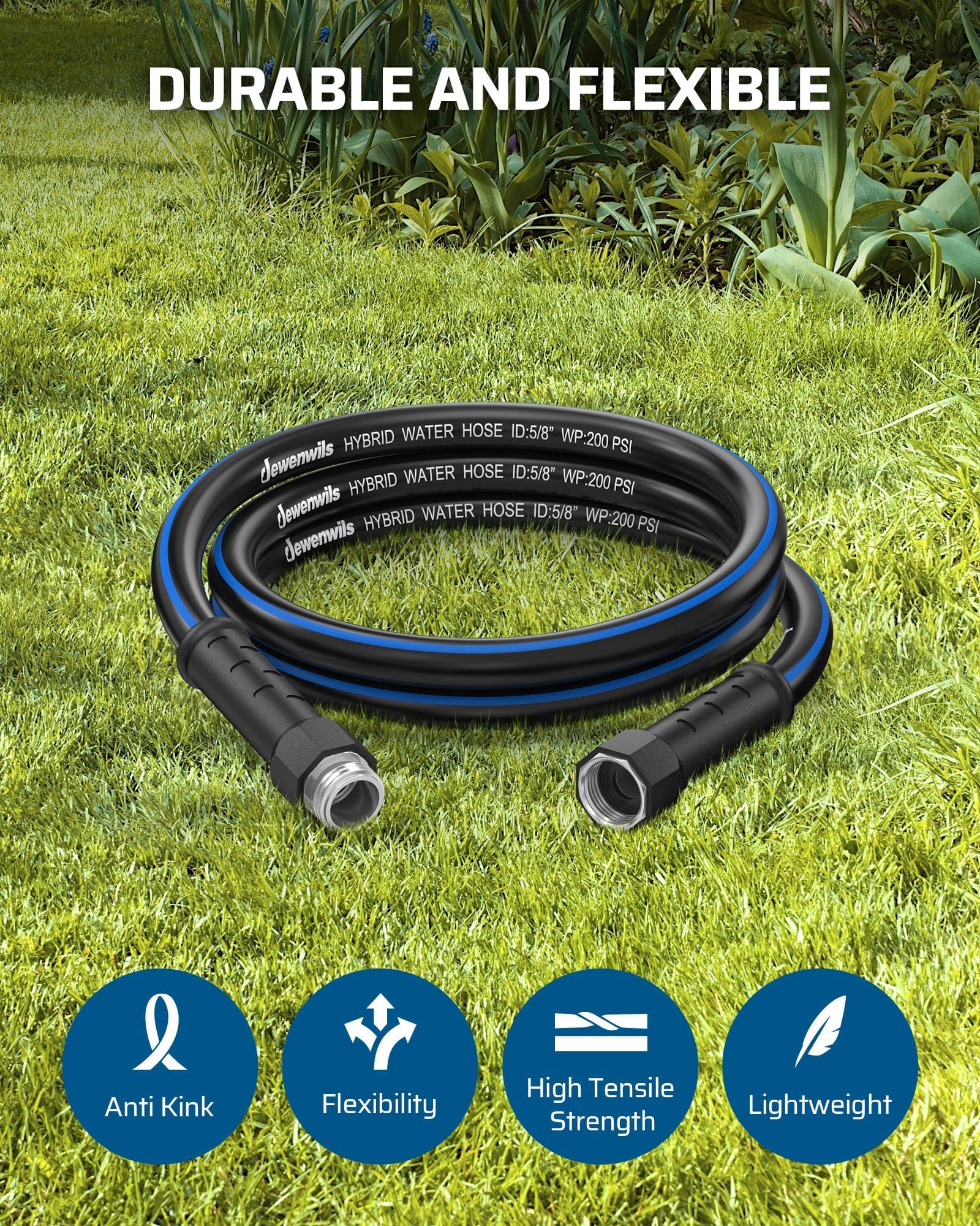 DEWENWILS 10 ft x 5/8" Black Blue Garden Hose, Hybrid Water Hose with Rotate Handle, 3/4 Inch Solid Fittings-HHGH10E