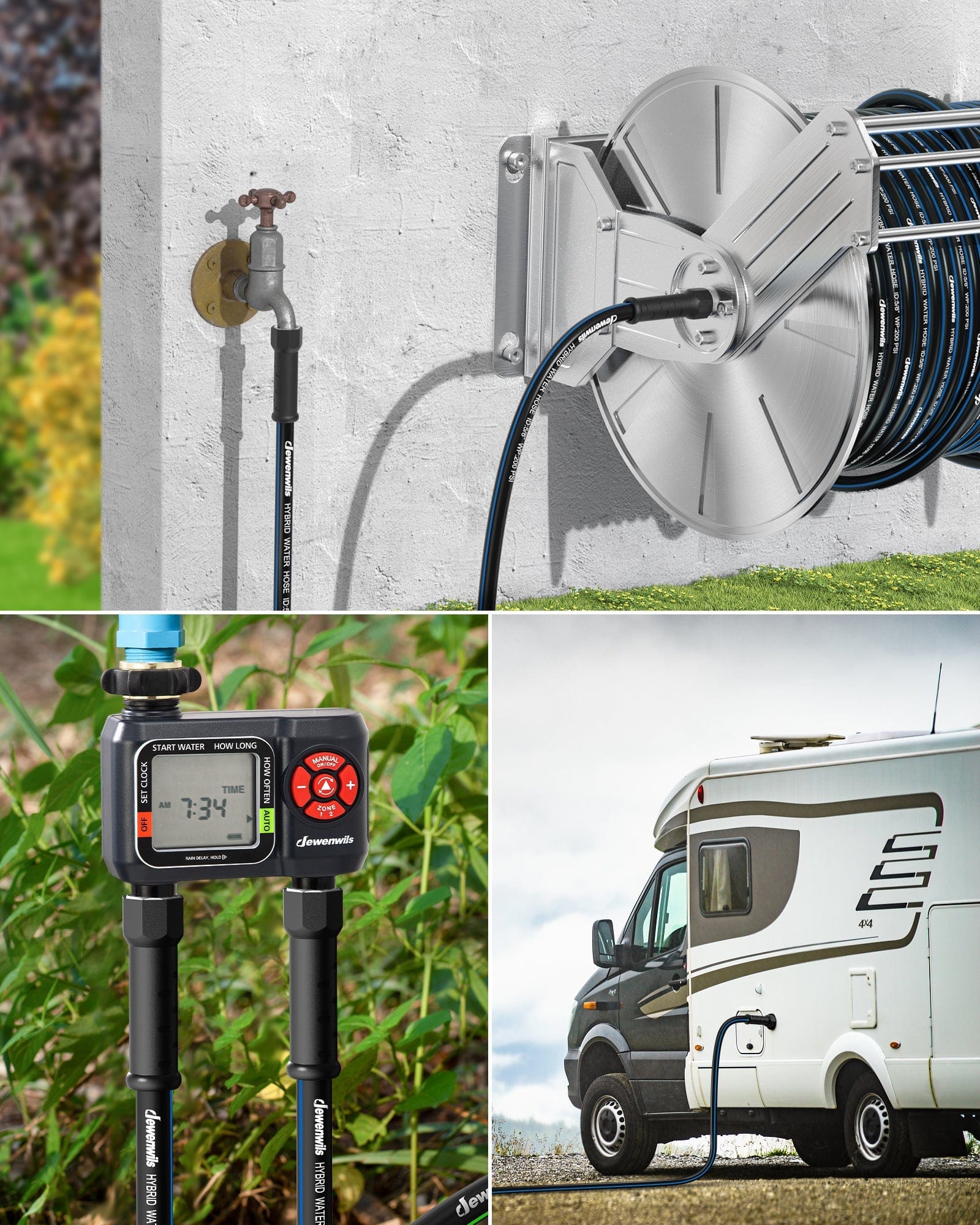 DEWENWILS 10 ft x 5/8" Black Blue Garden Hose, Hybrid Water Hose with Rotate Handle, 3/4 Inch Solid Fittings-HHGH10E