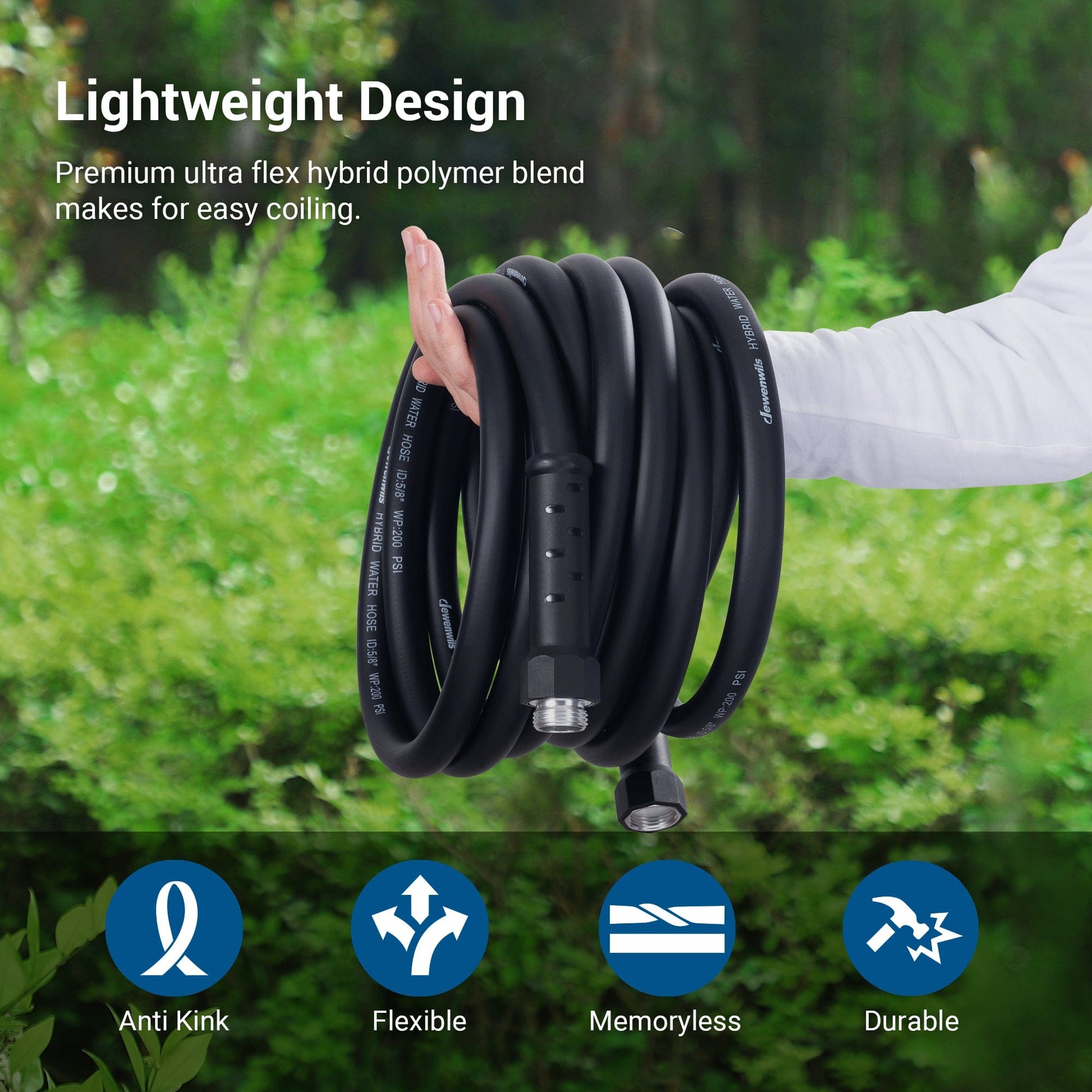 Garden Hose: 5/8" hybrid water hose, 200 PSI, lightweight, ultra-flex polymer, anti-kink, flexible, memoryless, and durable