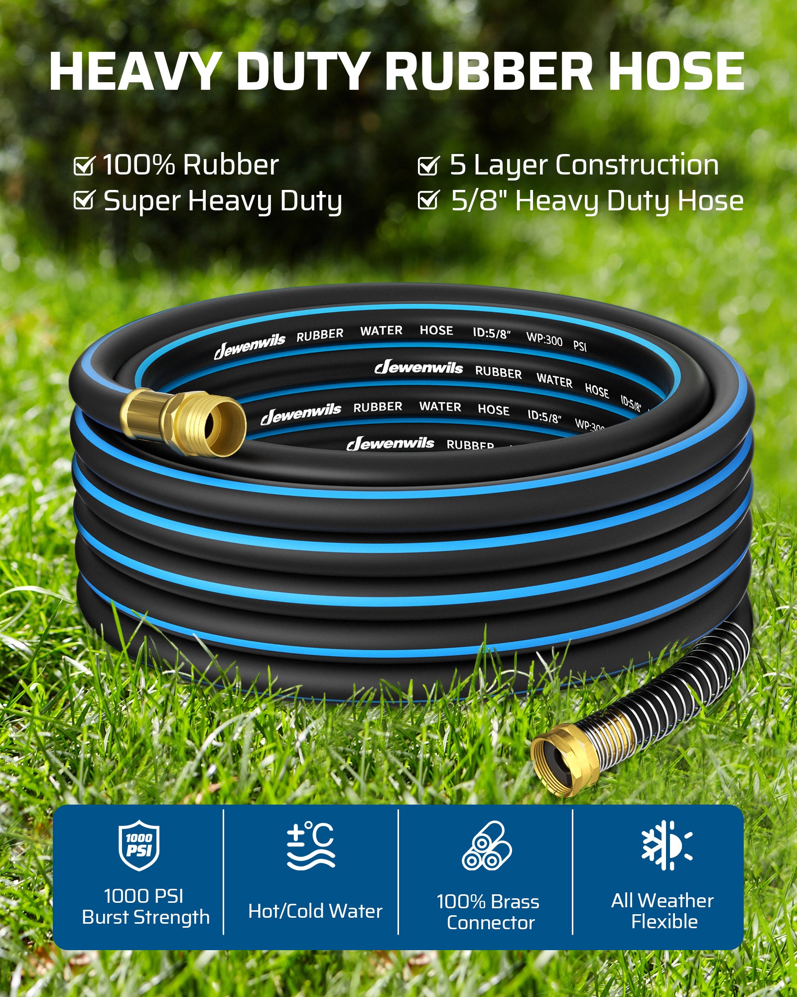 25ft Garden Hose: Heavy-duty 5/8" rubber hose with 5-layer construction, 1000 PSI burst strength, hot/cold water resistant, all-weather flexible, and 100% brass connectors