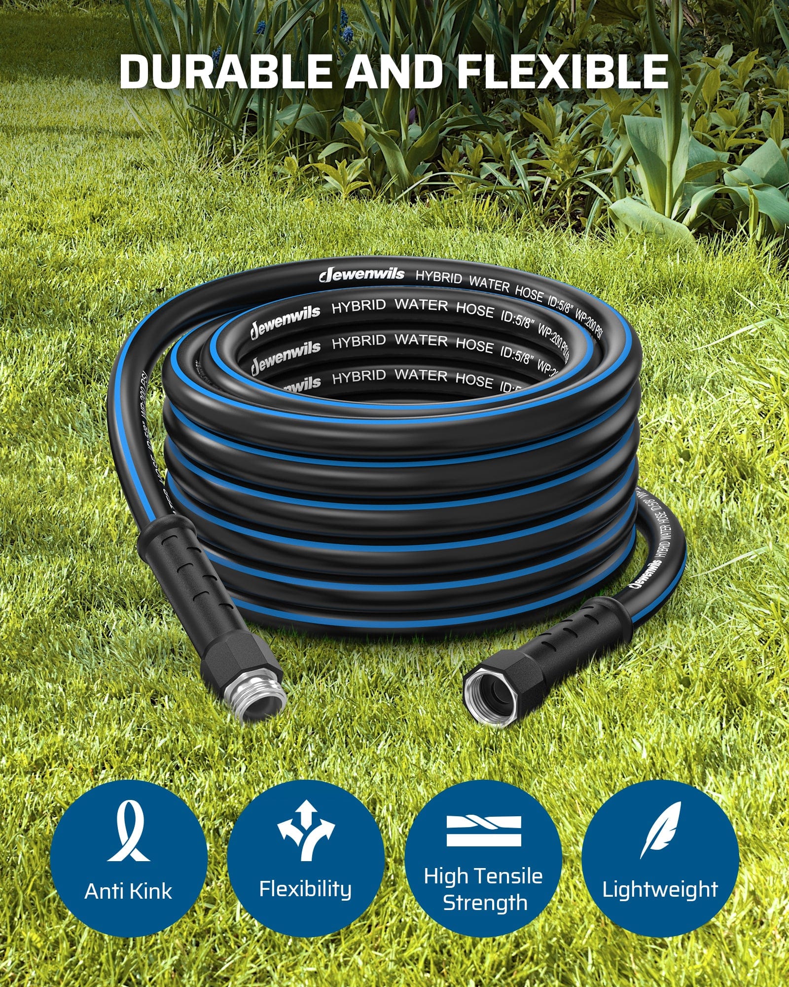 DEWENWILS 50ft 5/8"Garden Hose, Hybrid Water Hose with Rotate Handle for Plants, Car, Yard, 3/4 Inch Solid Fittings-HHGH50E