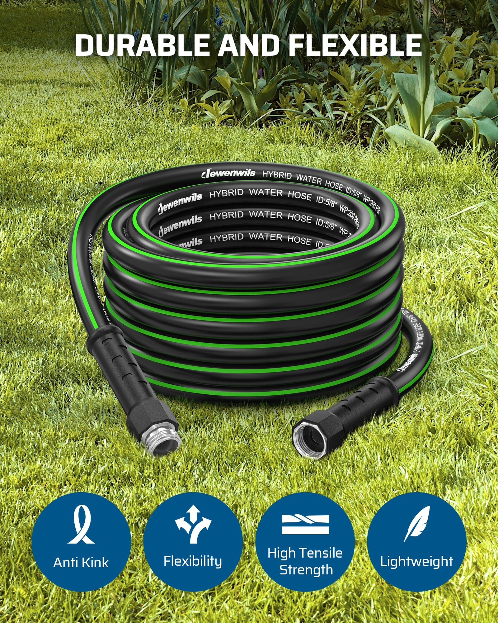 DEWENWILS 50ft 5/8" Garden Hose, Heavy Duty Hybrid Water Hose with Swivel Handle in Solid Aluminum Fittings, No Kink-HHGH50F