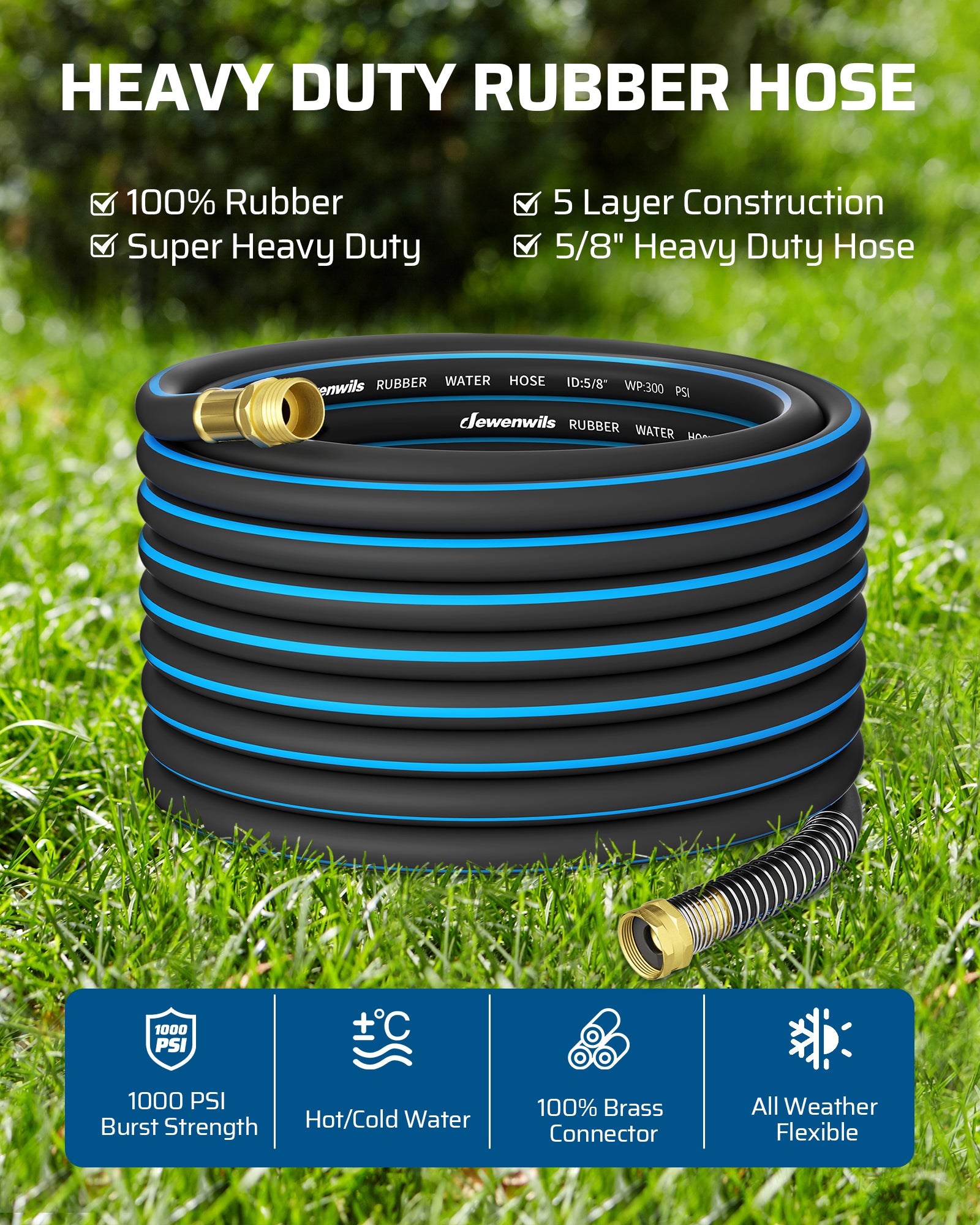 50ft Garden Hose: 5/8" heavy-duty rubber with 5-layer construction, 300psi working pressure, 1000psi burst strength, all-weather flexible, 100% brass fittings for hot and cold water
