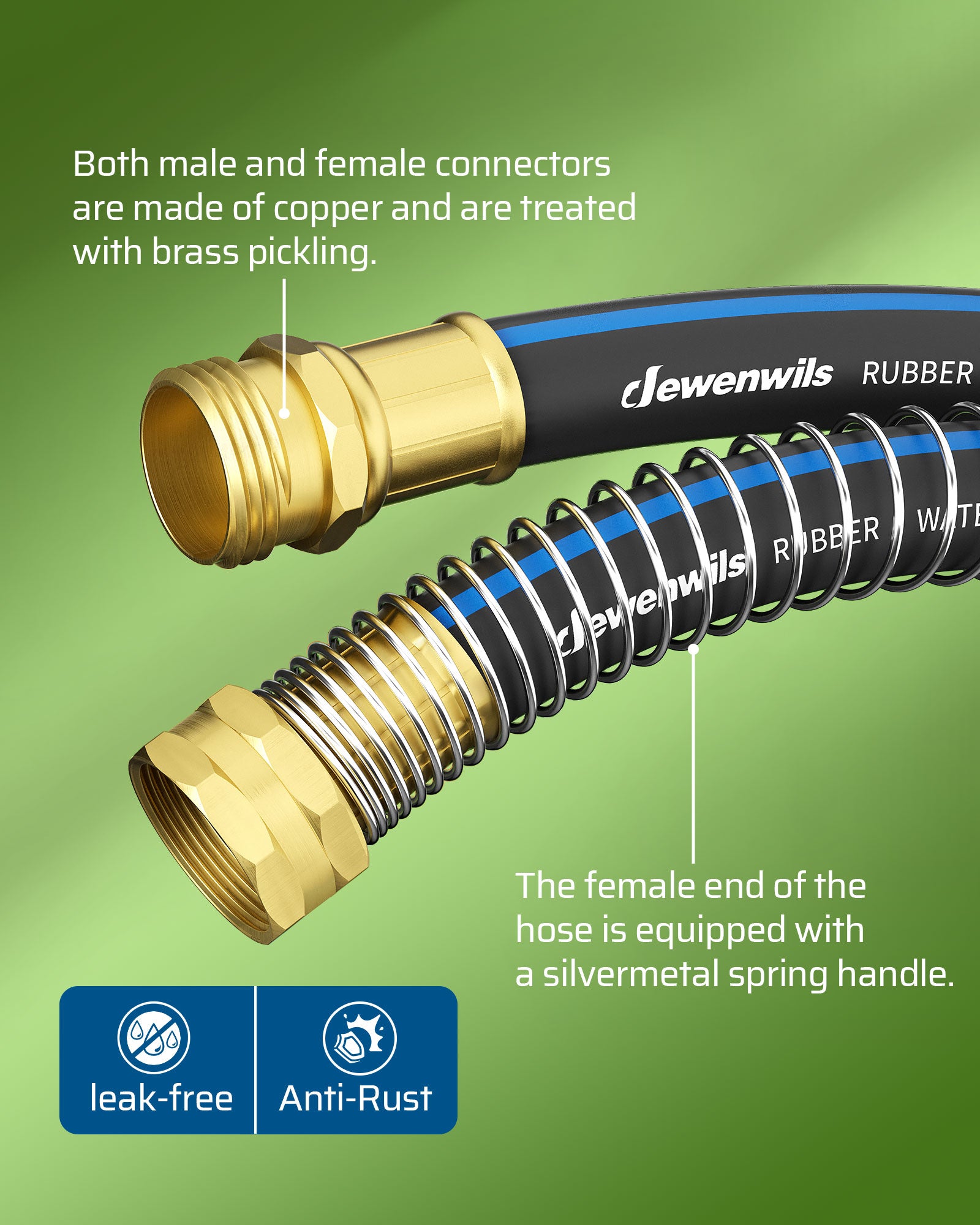 50ft Garden Hose: copper male and female connectors with brass treatment, female end features silver spring handle, leak-free and anti-rust for durable garden use