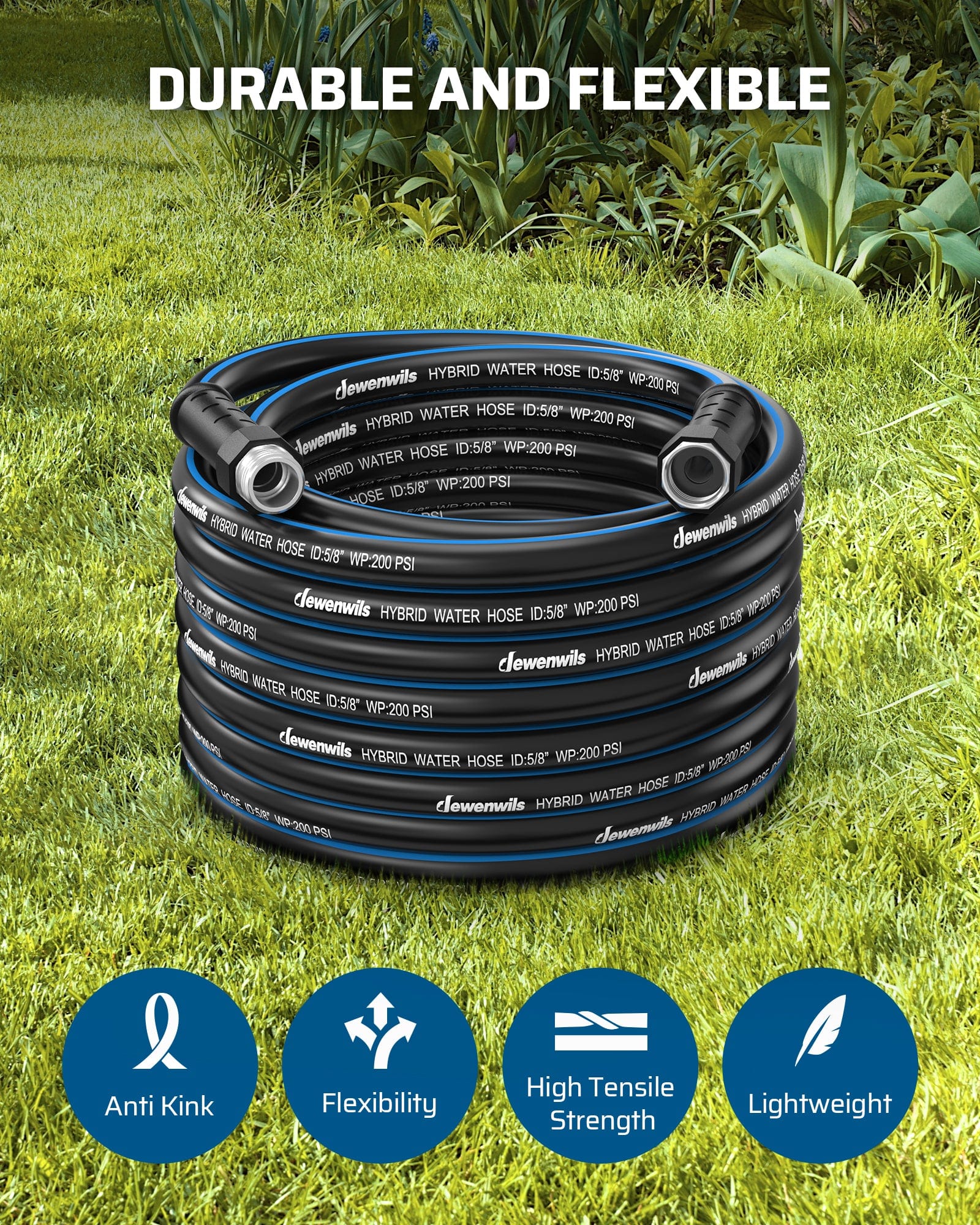 DEWENWILS 75ft 5/8" Black Blue Garden Hose, Hybrid Water Hose with Rotate Handle, 3/4 Inch Solid Fittings-HHGH75E