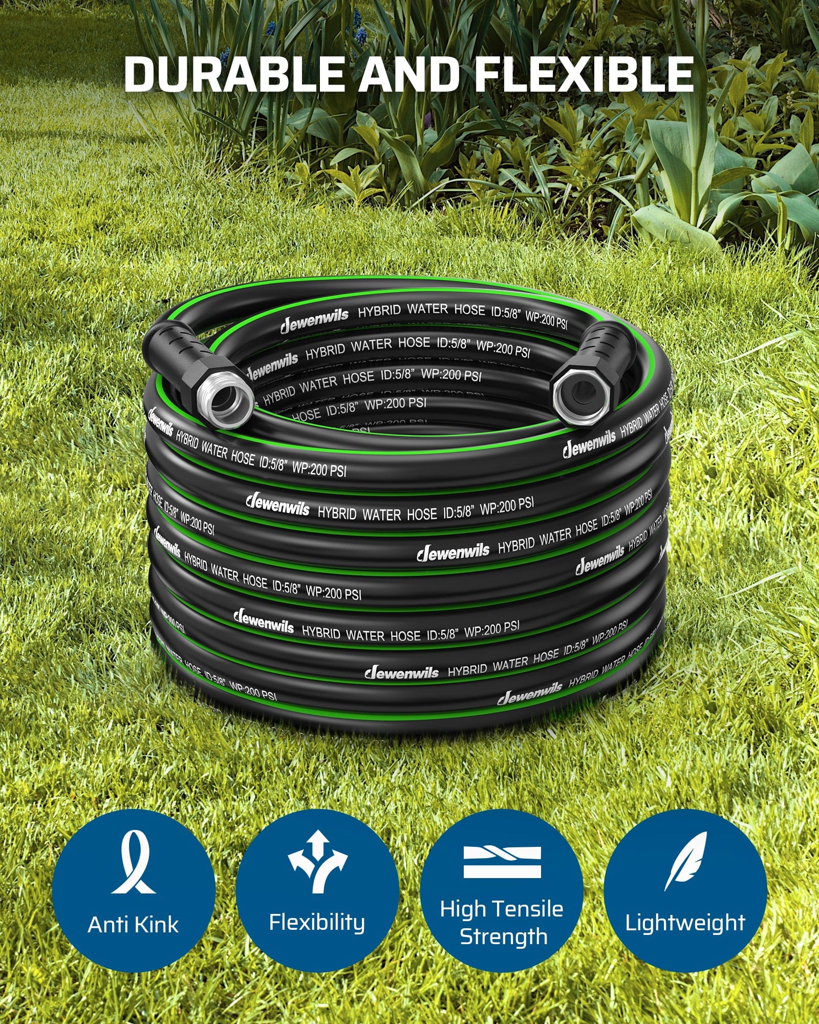 DEWENWILS 75ft 5/8" Garden Hose, Heavy Duty with Swivel Handle in Solid Aluminum Fittings-HHGH75F
