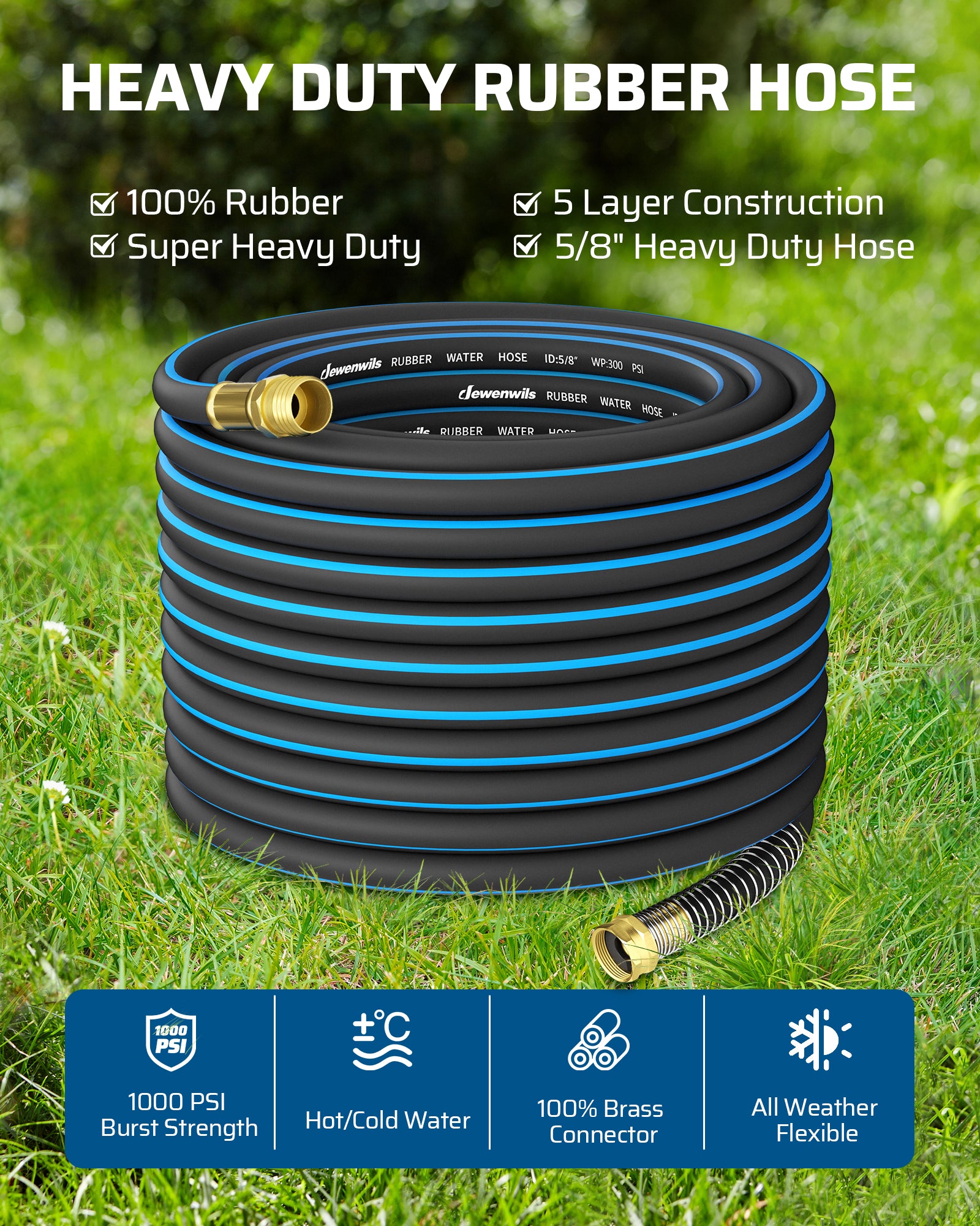 DEWENWILS 5/8" x 75FT Heavy Duty Garden Hose, 300psi Working & 1000psi Burst, Solid Brass 3/4" GHT Fittings, Hot/Cold Water, 5 Layer Construction, Rubber Water Hose for Yard, Garden, Lawn-HHGH75G