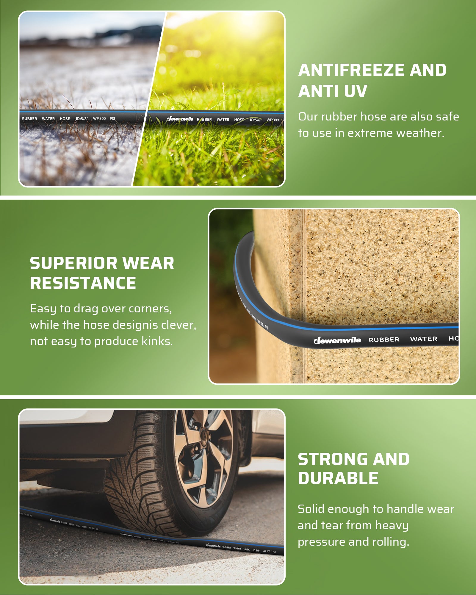 DEWENWILS 5/8" x 75FT Heavy Duty Garden Hose, 300psi Working & 1000psi Burst, Solid Brass 3/4" GHT Fittings, Hot/Cold Water, 5 Layer Construction, Rubber Water Hose for Yard, Garden, Lawn-HHGH75G