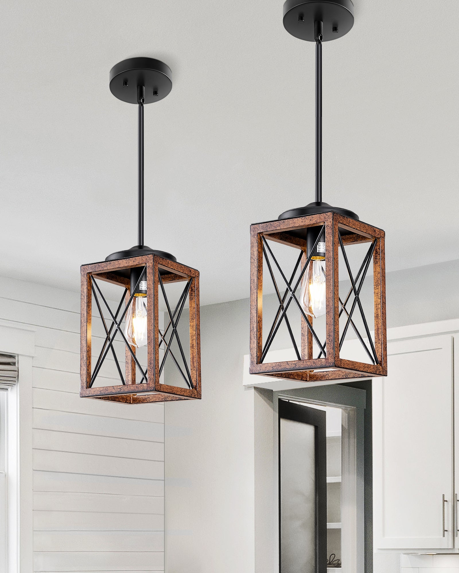 DEWENWILS 2-Pack Farmhouse Pendant Light, Metal Hanging Light Fixture with Wooden Grain Finish, 48 Inch Adjustable Pipes for Flat and Slop Ceiling, Kitchen Island, Bedroom, Dining Hall-WHHPL05B