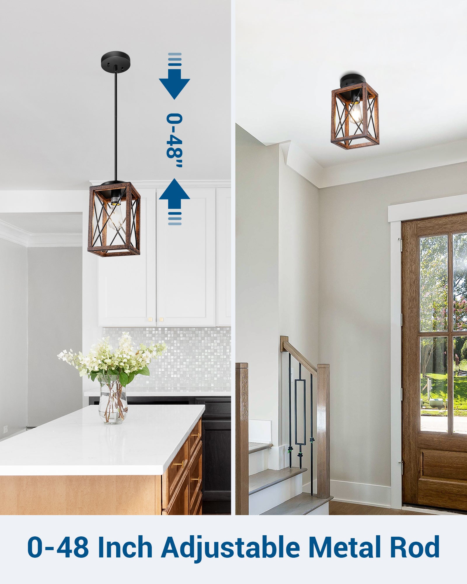 DEWENWILS 2-Pack Farmhouse Pendant Light, Metal Hanging Light Fixture with Wooden Grain Finish, 48 Inch Adjustable Pipes for Flat and Slop Ceiling, Kitchen Island, Bedroom, Dining Hall-WHHPL05B