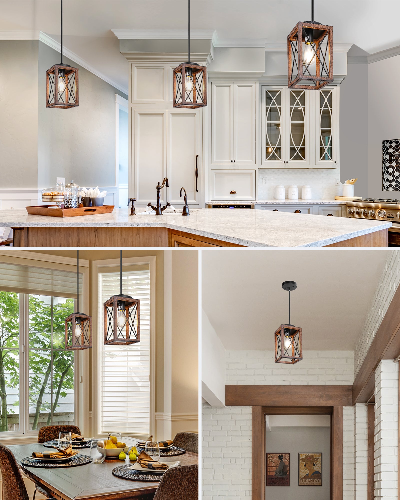 DEWENWILS 2-Pack Farmhouse Pendant Light, Metal Hanging Light Fixture with Wooden Grain Finish, 48 Inch Adjustable Pipes for Flat and Slop Ceiling, Kitchen Island, Bedroom, Dining Hall-WHHPL05B