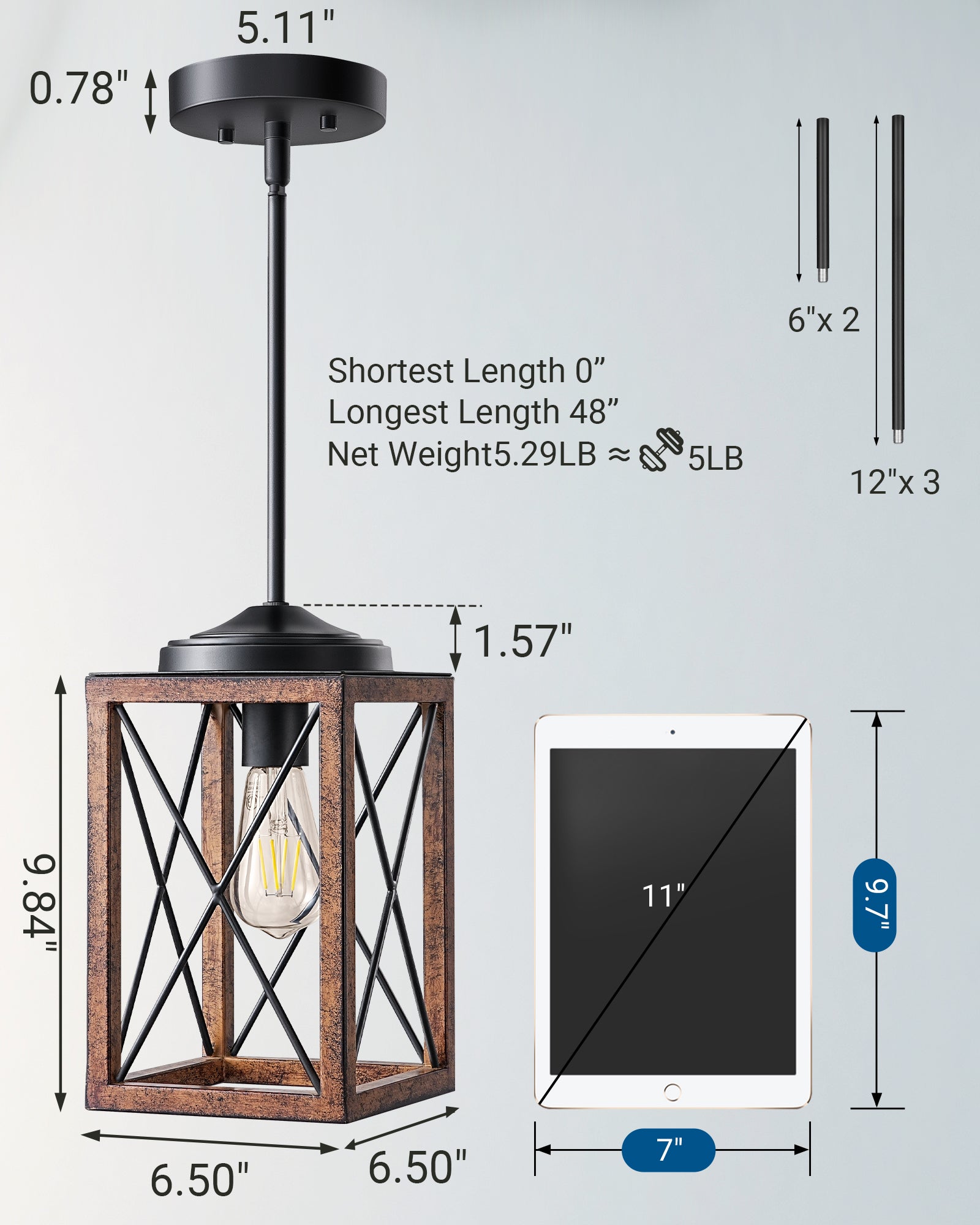 DEWENWILS 2-Pack Farmhouse Pendant Light, Metal Hanging Light Fixture with Wooden Grain Finish, 48 Inch Adjustable Pipes for Flat and Slop Ceiling, Kitchen Island, Bedroom, Dining Hall-WHHPL05B