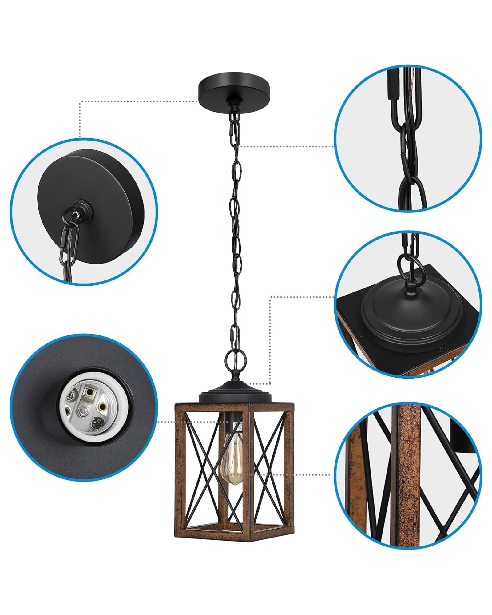 Farmhouse Metal Pendant Light with Wood-Grain Finish and Adjustable Chain
