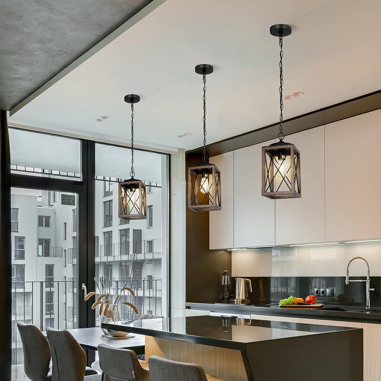 Farmhouse Metal Pendant Light with Wood-Grain Finish and Adjustable Chain