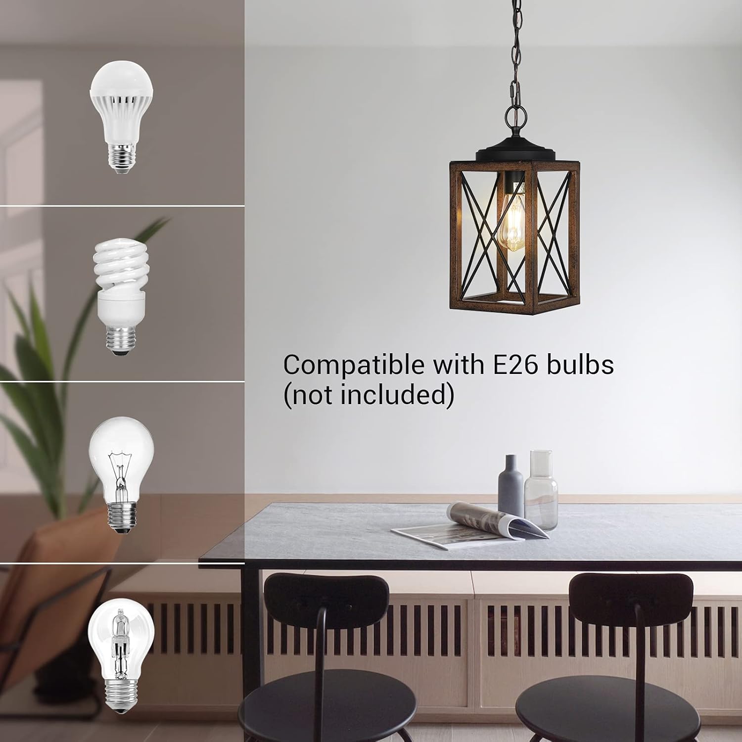 Farmhouse Metal Pendant Light with Wood-Grain Finish and Adjustable Chain