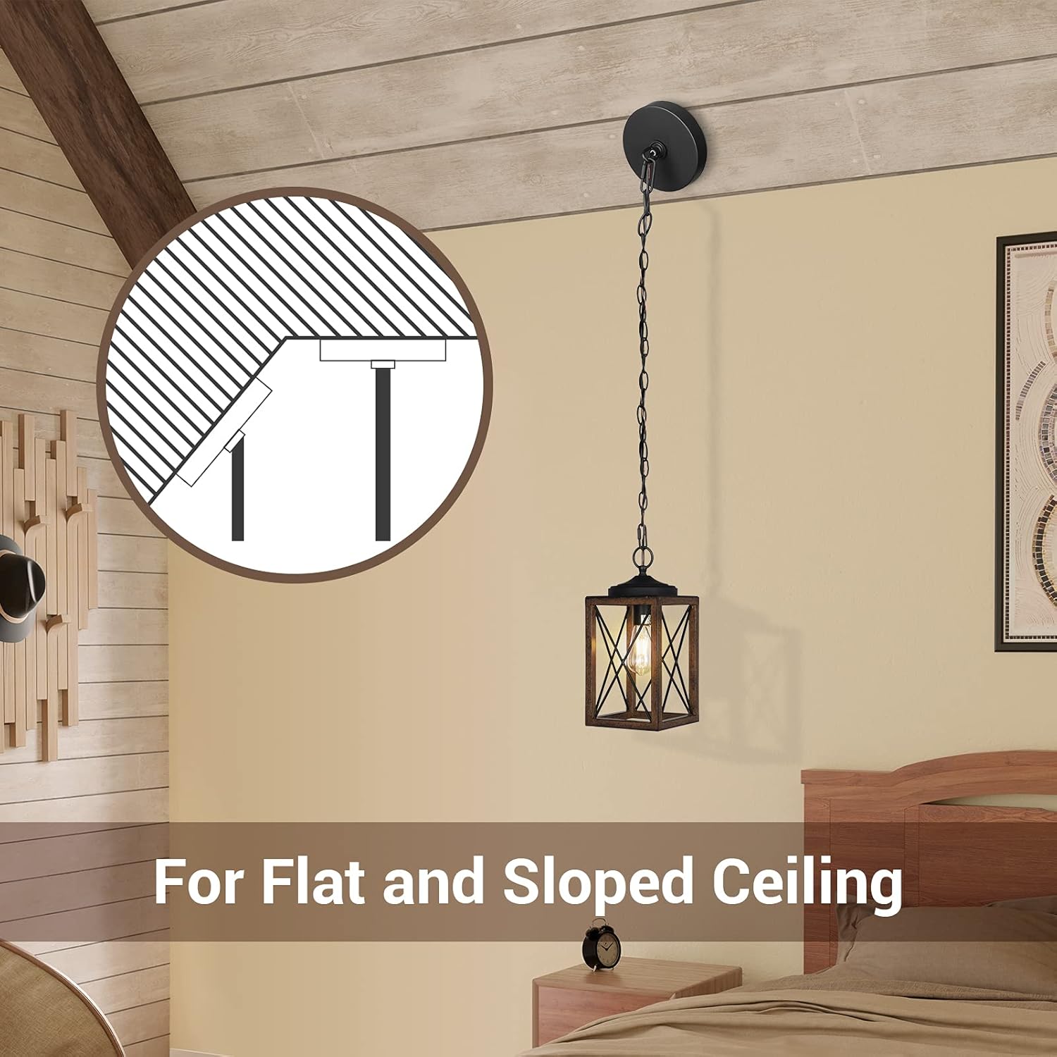Farmhouse Metal Pendant Light with Wood-Grain Finish and Adjustable Chain