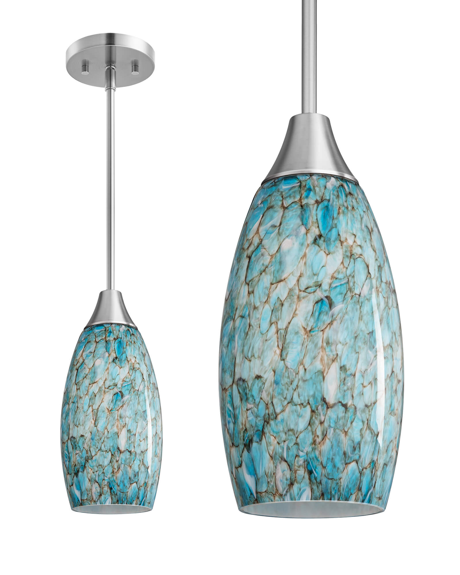 Handblown Art Glass Pendant Light with Adjustable Brushed Nickel Rods