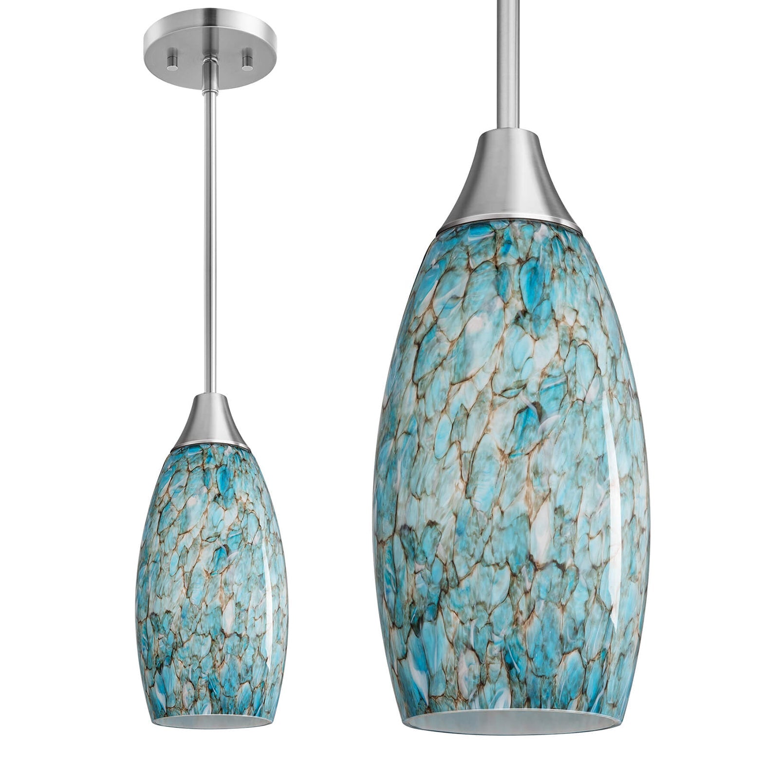 Handblown Art Glass Pendant Light with Adjustable Brushed Nickel Rods