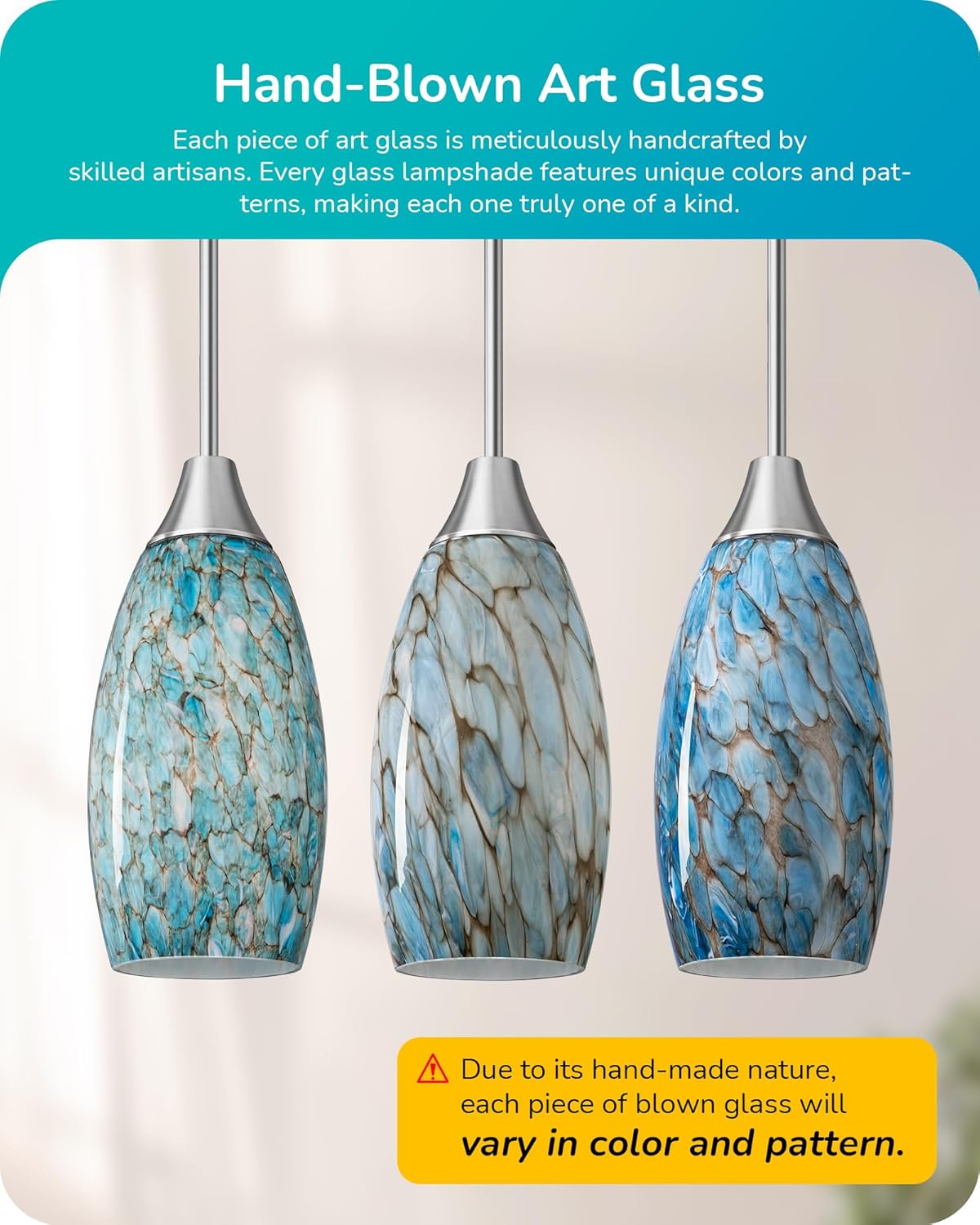 Handblown Art Glass Pendant Light with Adjustable Brushed Nickel Rods