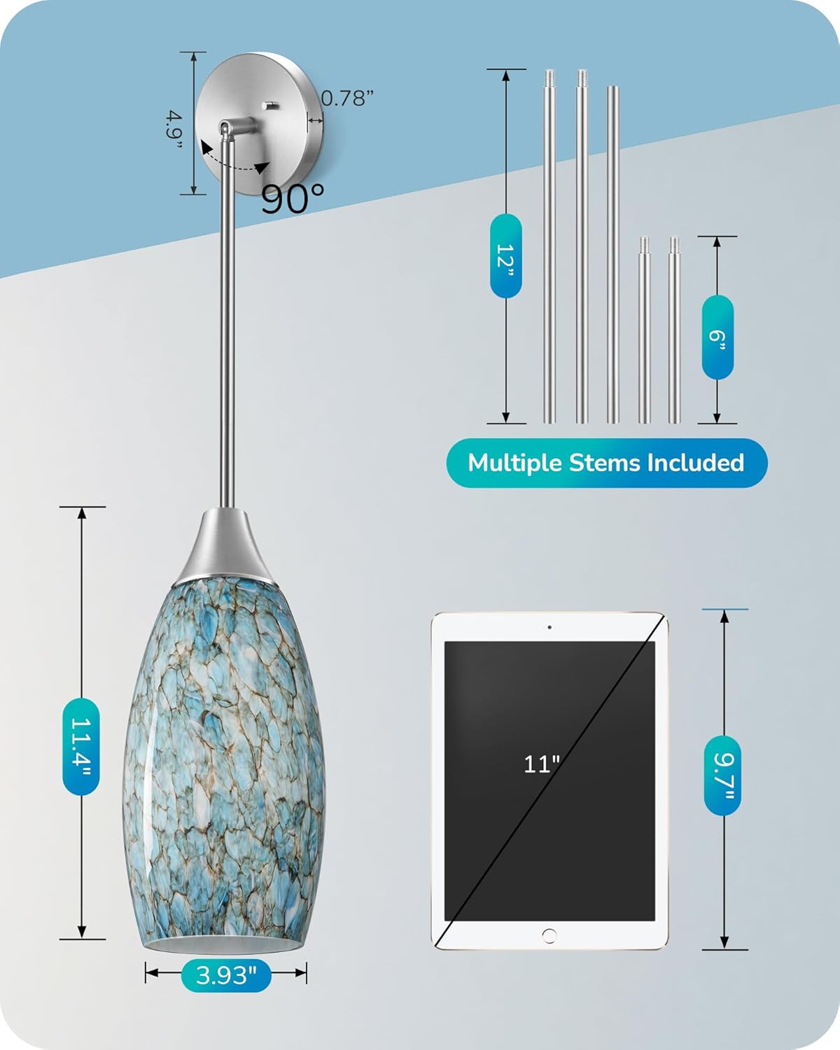 Handblown Art Glass Pendant Light with Adjustable Brushed Nickel Rods