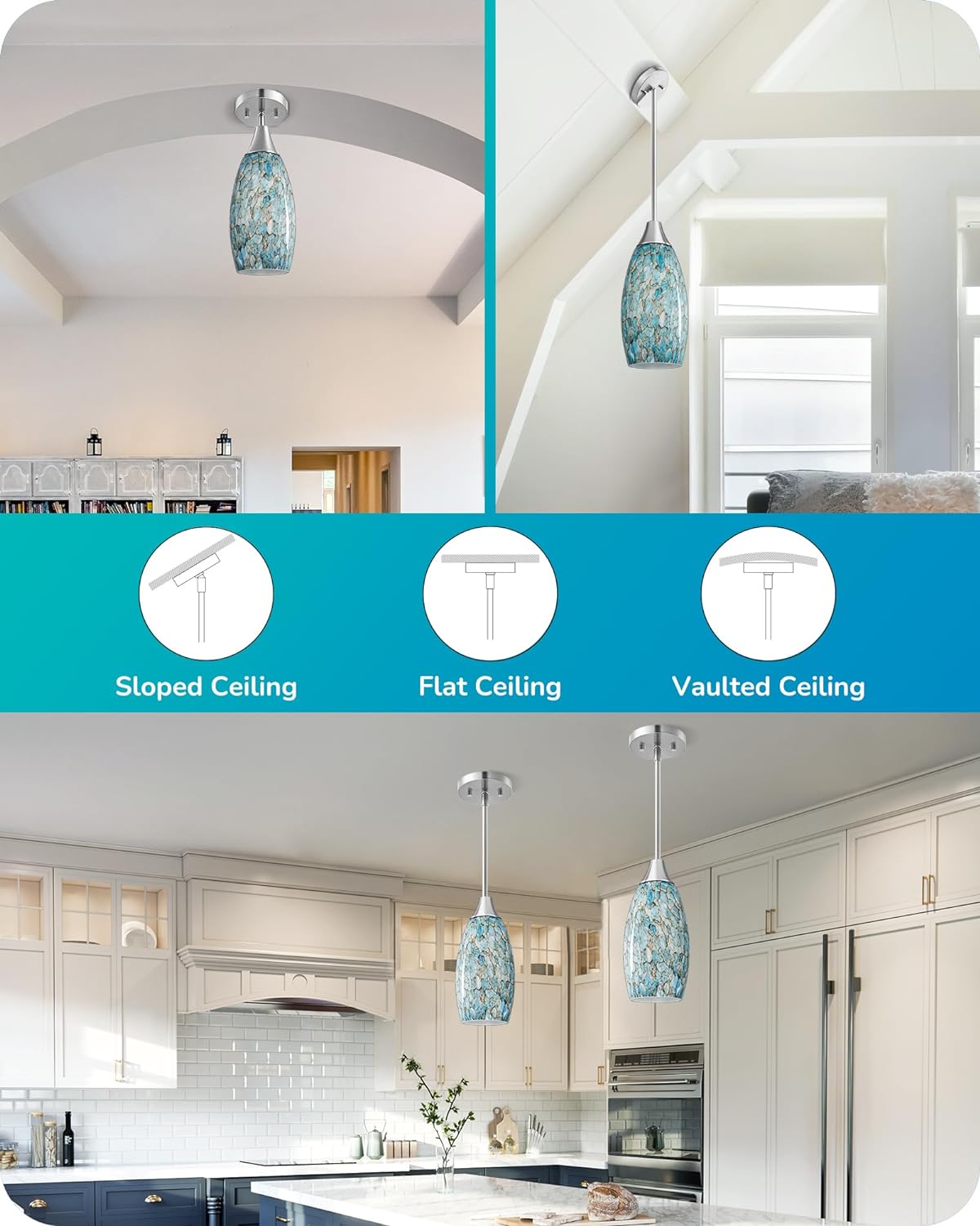 Handblown Art Glass Pendant Light with Adjustable Brushed Nickel Rods