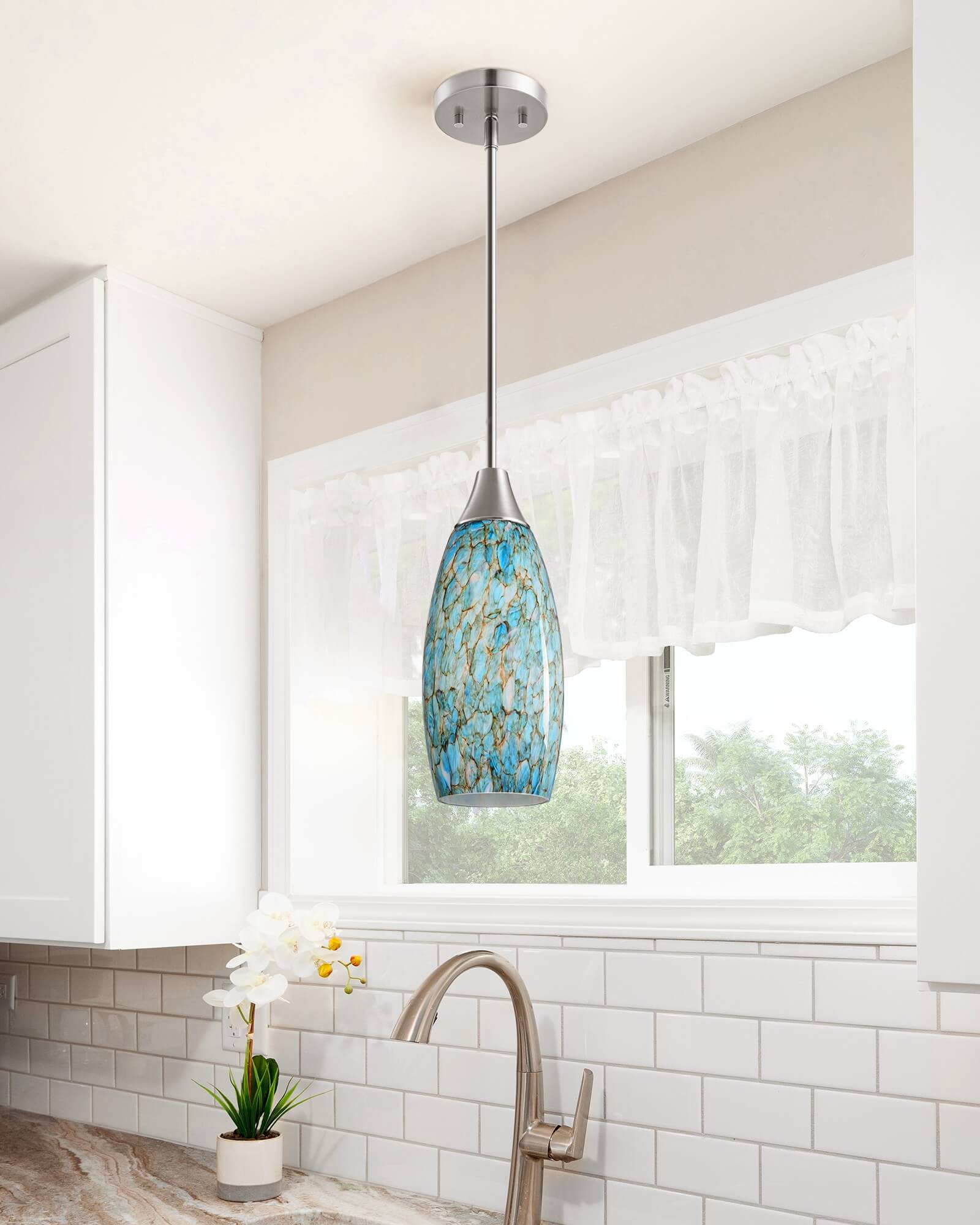 Handblown Art Glass Pendant Light with Adjustable Brushed Nickel Rods