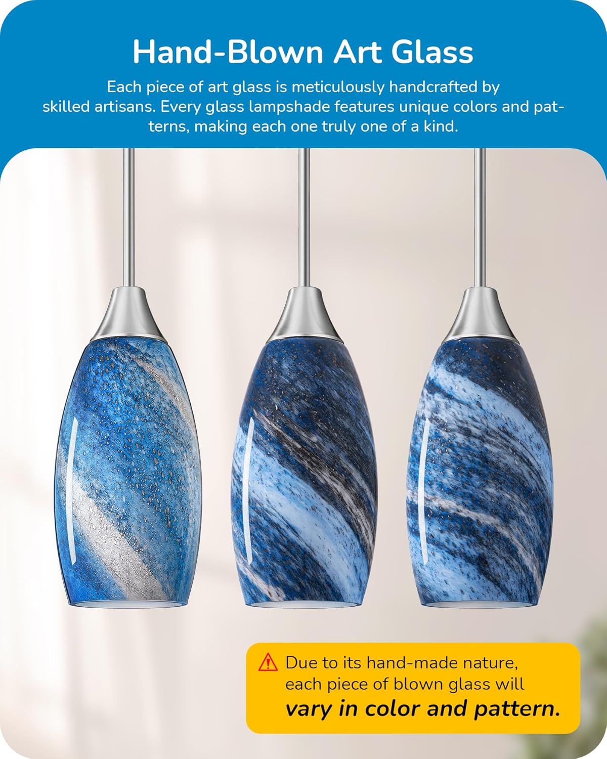 Handblown Art Glass Pendant Light with Adjustable Brushed Nickel Rods