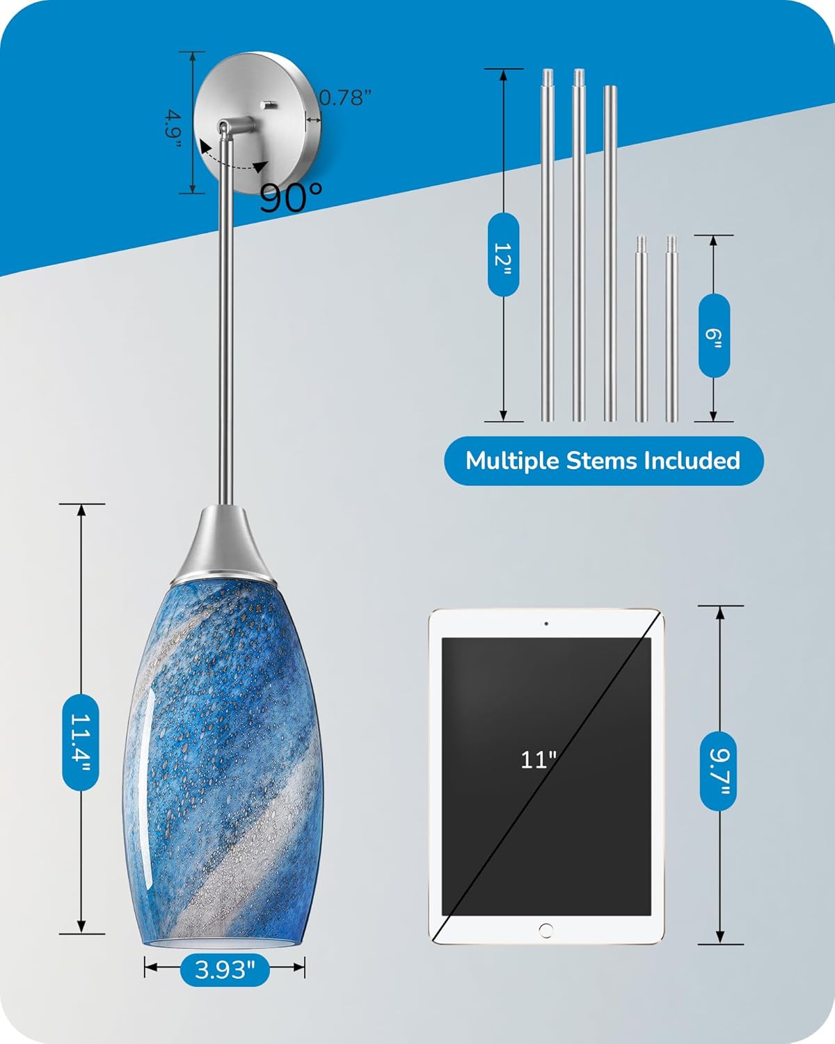 Handblown Art Glass Pendant Light with Adjustable Brushed Nickel Rods