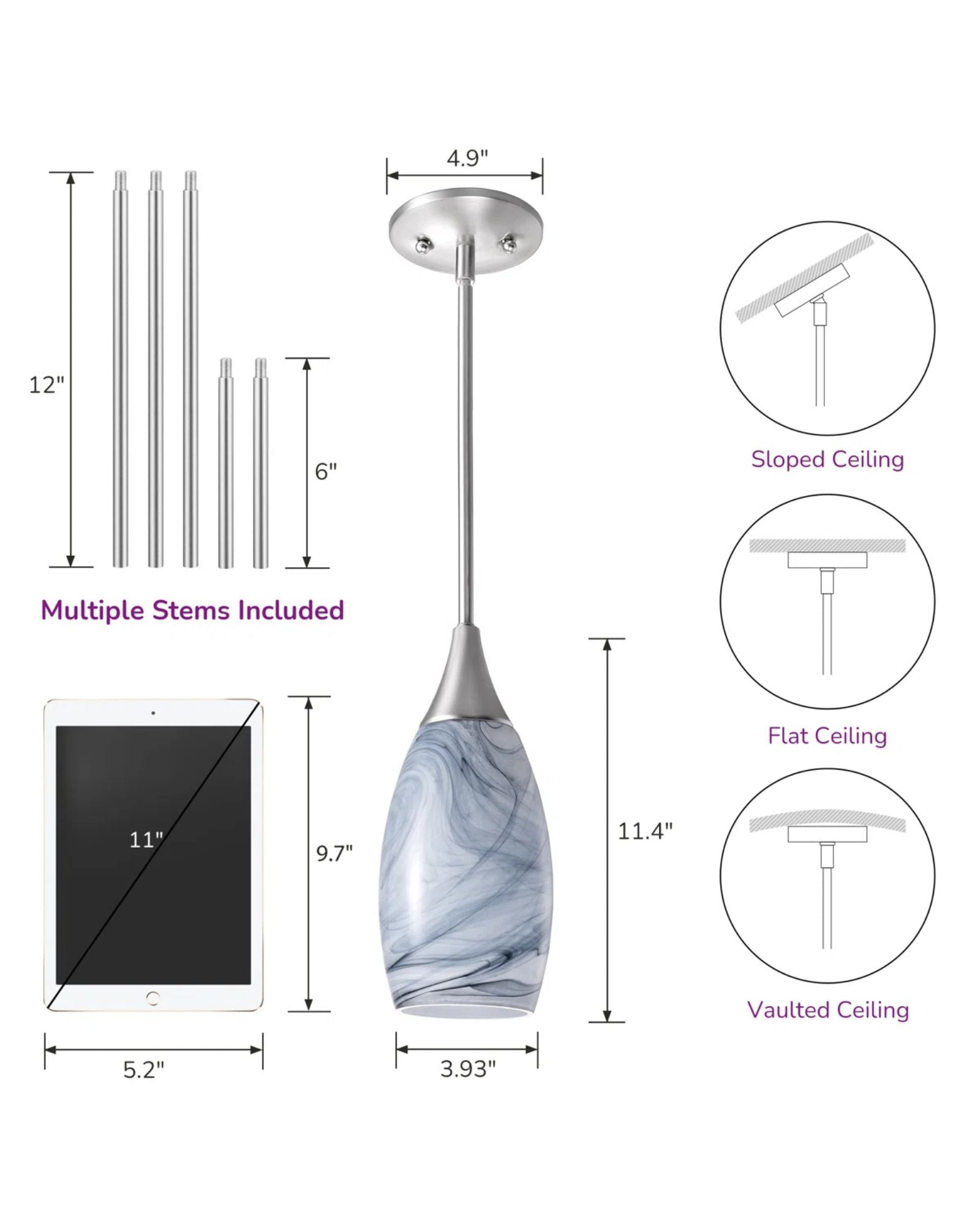 Handblown Art Glass Pendant Light with Adjustable Brushed Nickel Rods