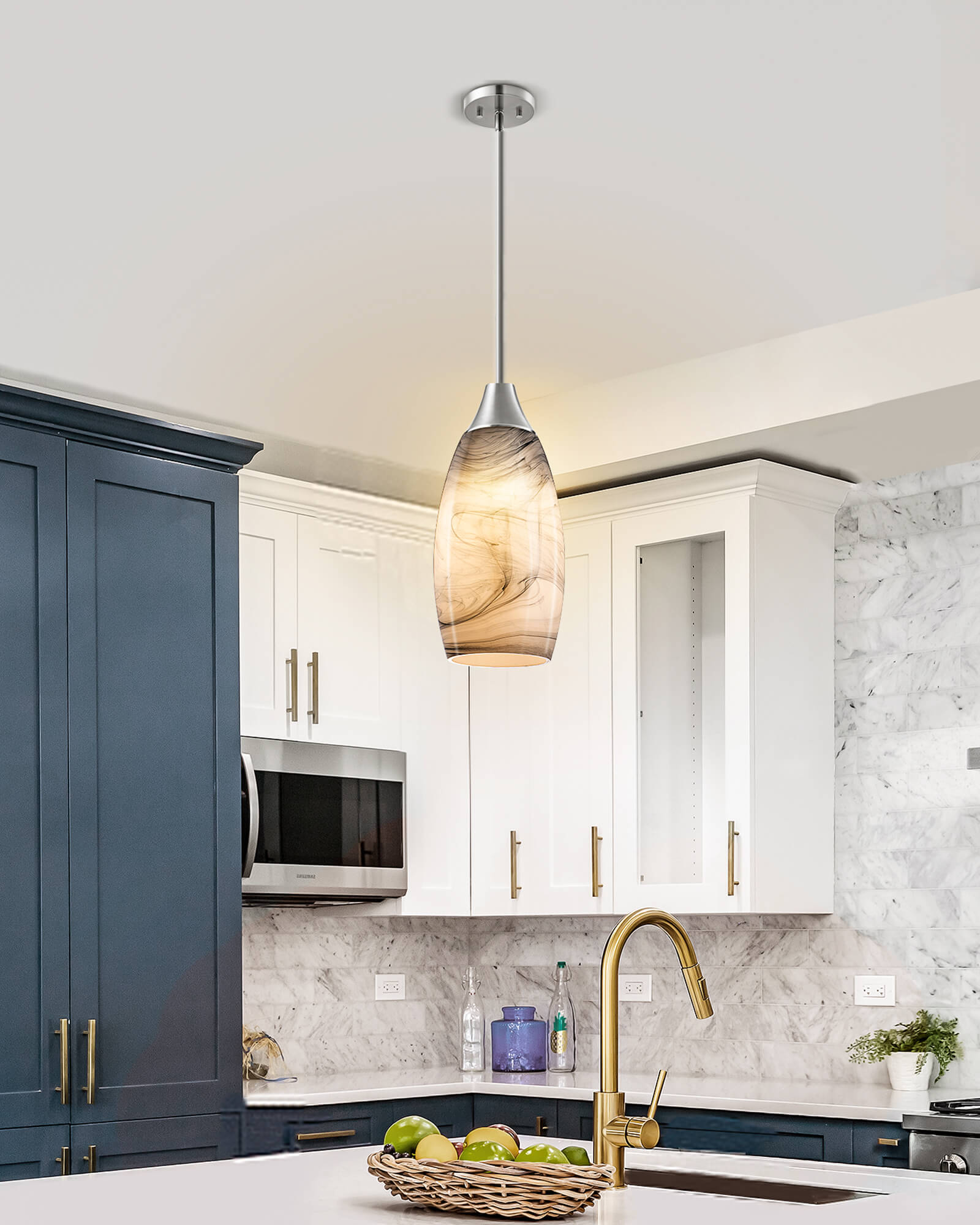 Handblown Art Glass Pendant Light with Adjustable Brushed Nickel Rods