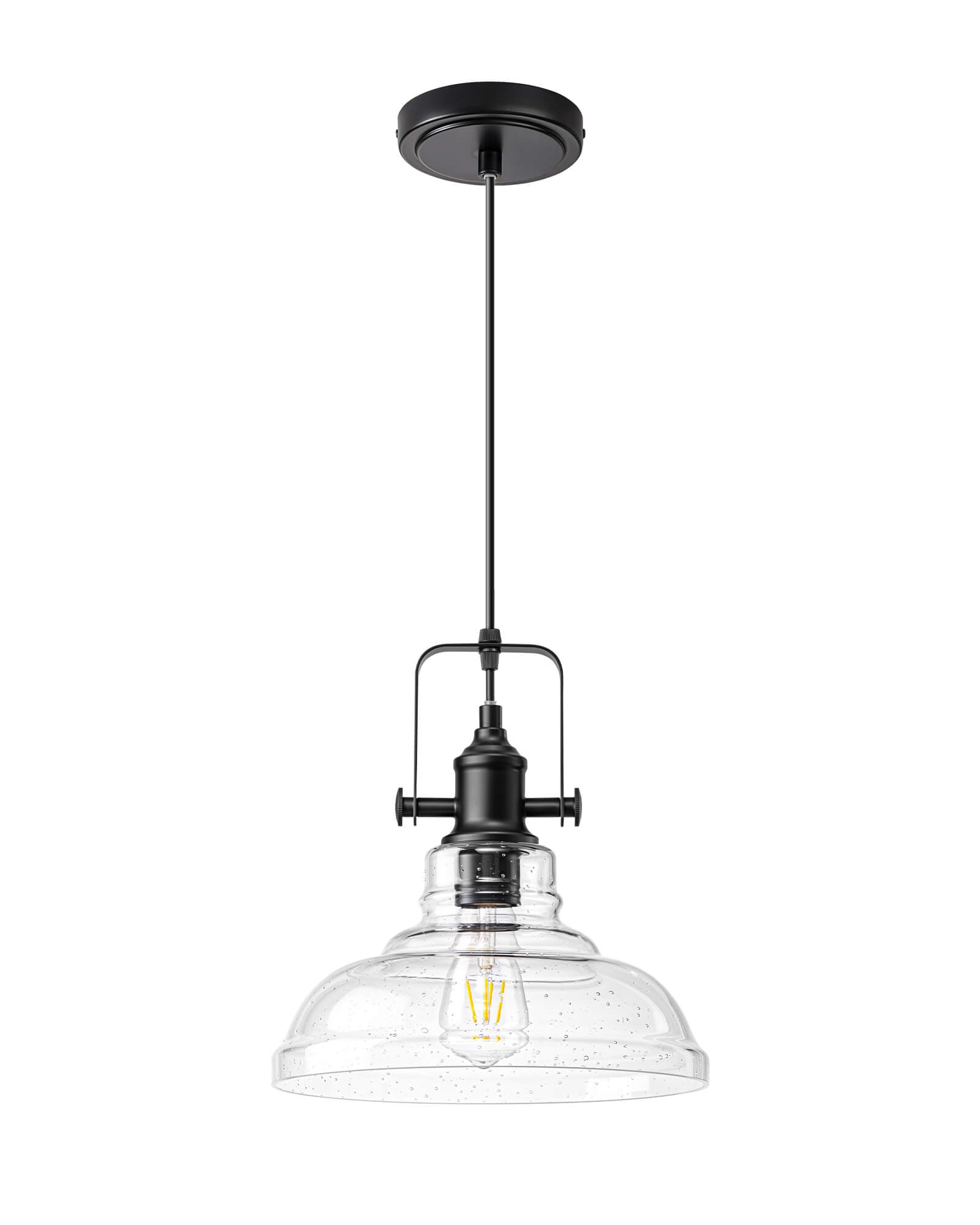 EDISHINE Farmhouse Pendant Lights Kitchen Island, Clear Seeded Glass Shade Hanging Light, Industrial Black Matte Finish, Modern Pendant Light Fixtures with Open Shade, E26 Base, Over Island Bar - HHPL21C