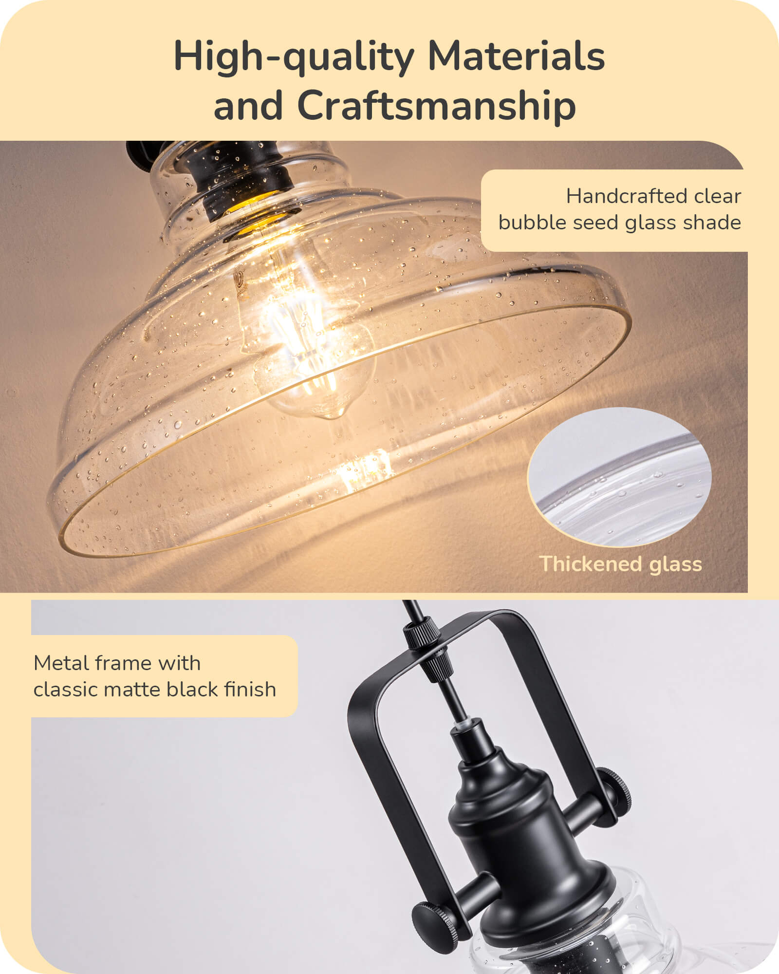 EDISHINE Farmhouse Pendant Lights Kitchen Island, Clear Seeded Glass Shade Hanging Light, Industrial Black Matte Finish, Modern Pendant Light Fixtures with Open Shade, E26 Base, Over Island Bar - HHPL21C