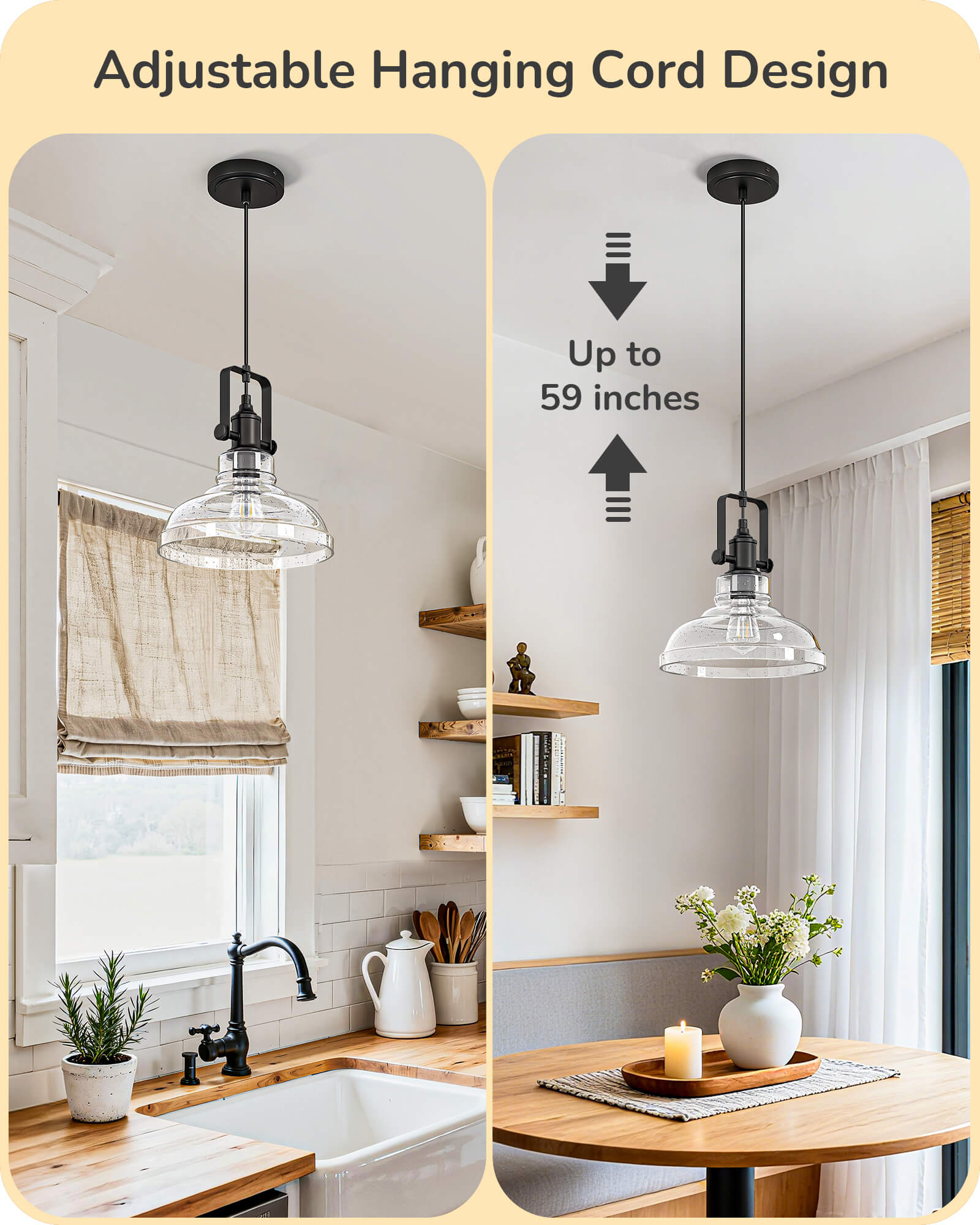 EDISHINE Farmhouse Pendant Lights Kitchen Island, Clear Seeded Glass Shade Hanging Light, Industrial Black Matte Finish, Modern Pendant Light Fixtures with Open Shade, E26 Base, Over Island Bar - HHPL21C