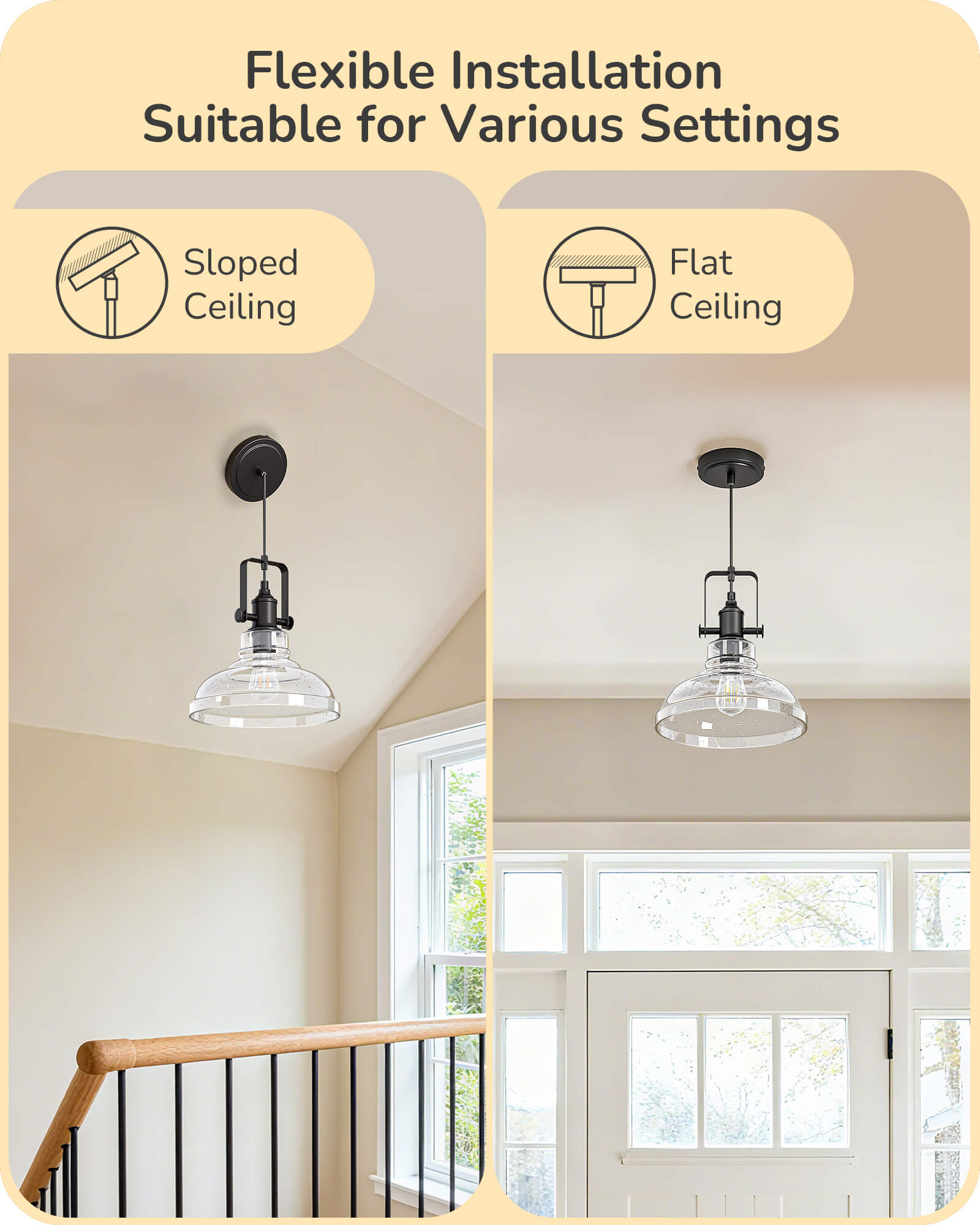 EDISHINE Farmhouse Pendant Lights Kitchen Island, Clear Seeded Glass Shade Hanging Light, Industrial Black Matte Finish, Modern Pendant Light Fixtures with Open Shade, E26 Base, Over Island Bar - HHPL21C