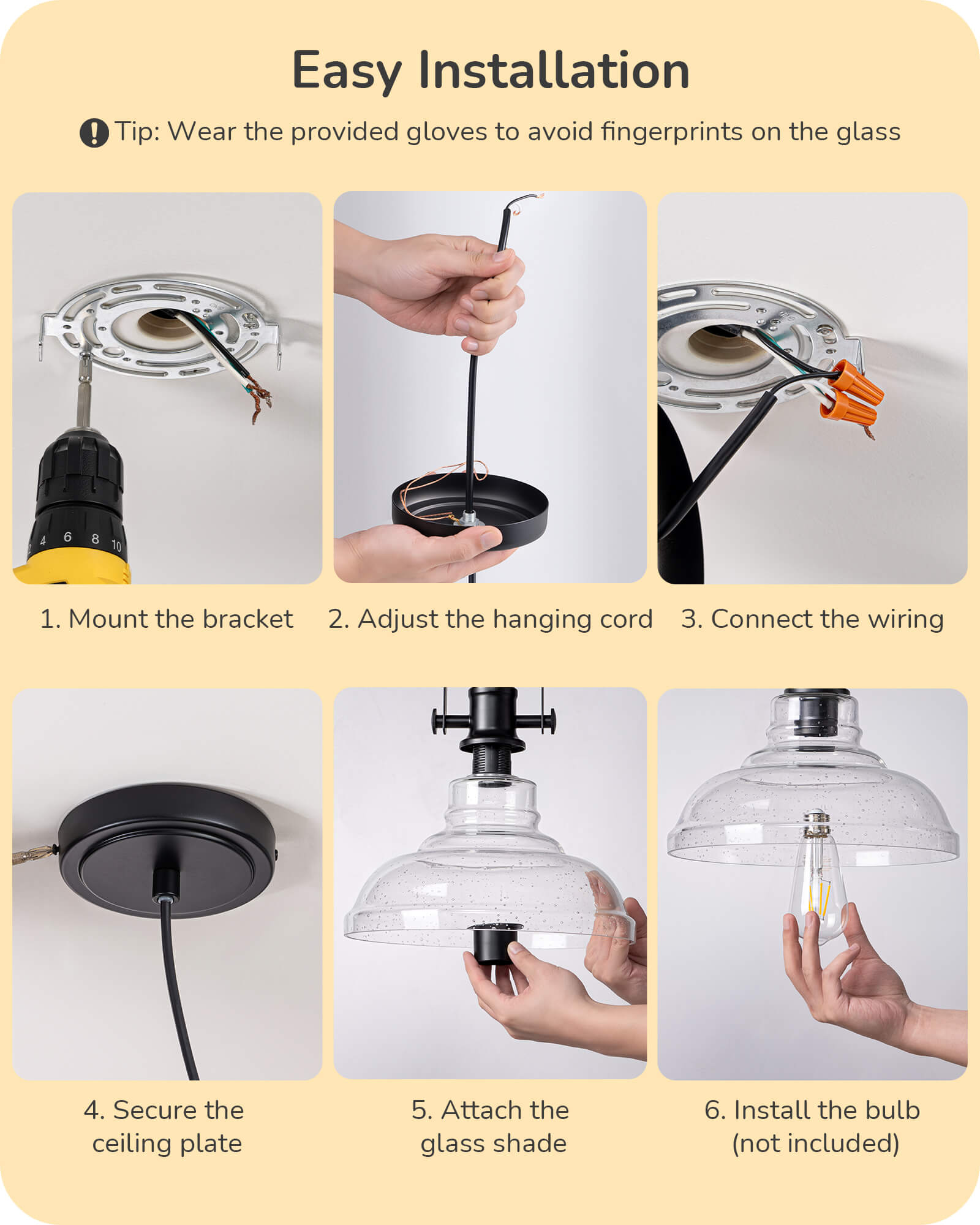 EDISHINE Farmhouse Pendant Lights Kitchen Island, Clear Seeded Glass Shade Hanging Light, Industrial Black Matte Finish, Modern Pendant Light Fixtures with Open Shade, E26 Base, Over Island Bar - HHPL21C