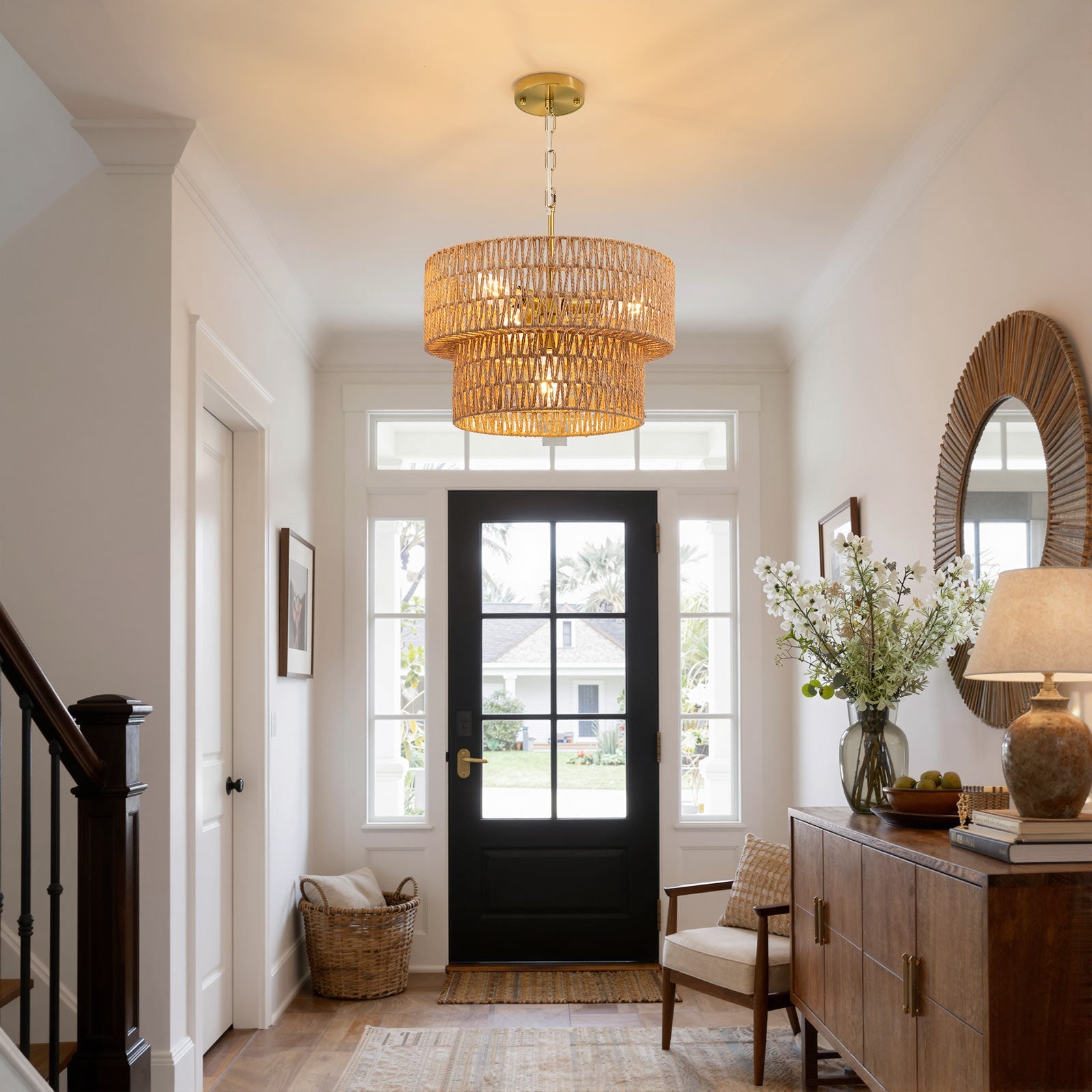 4-Light Boho 2-Tier Cross-Woven Rope Chandelier