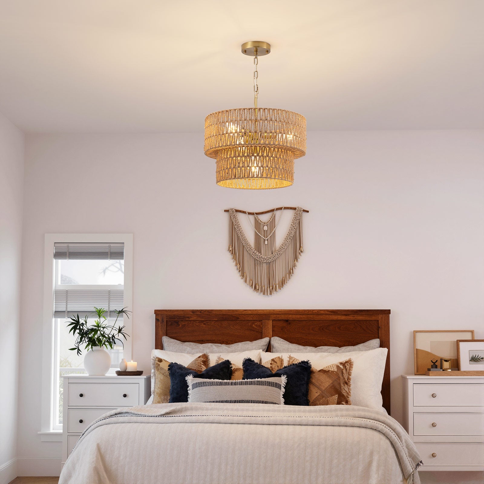 4-Light Boho 2-Tier Cross-Woven Rope Chandelier