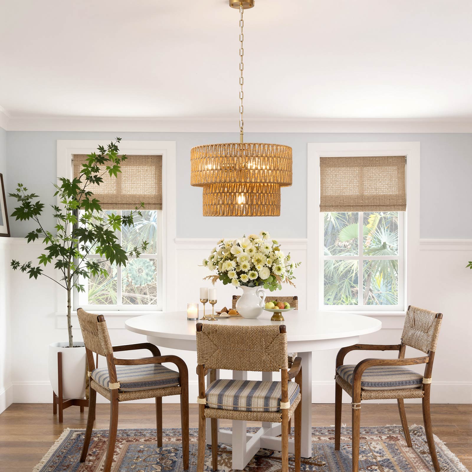 4-Light Boho 2-Tier Cross-Woven Rope Chandelier
