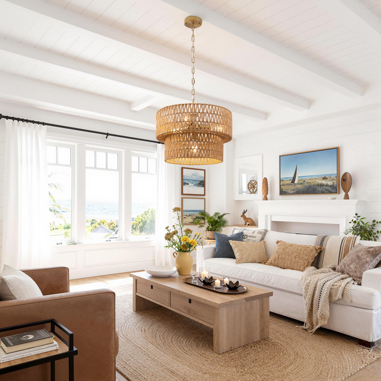 4-Light Boho 2-Tier Cross-Woven Rope Chandelier