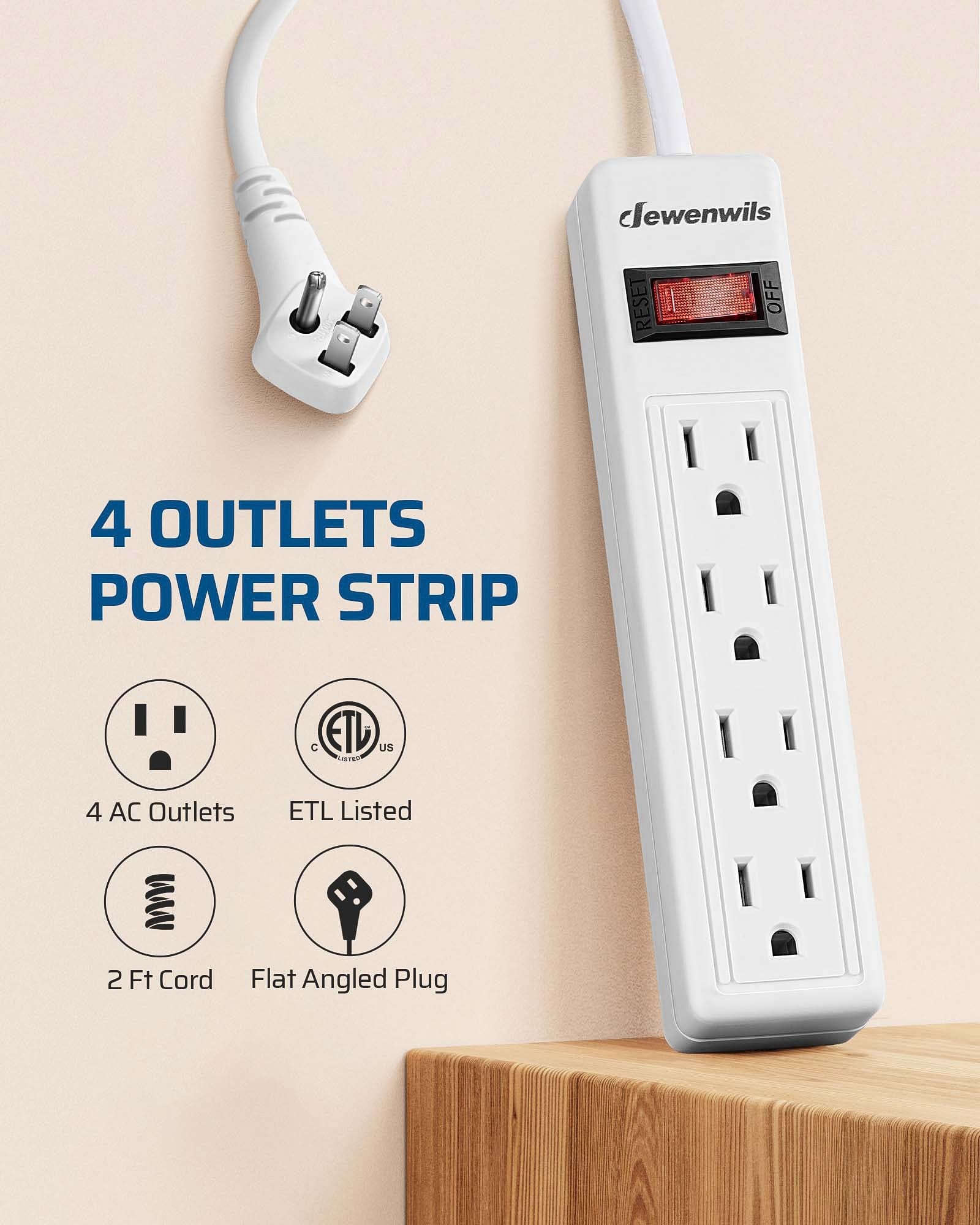 DEWENWILS 2 Pack 4 Outlets Power Strip, 2FT Short Cord with Flat Angled Plug, Portable Small Power Strip, 15A 125V 1875W, Wall Mount Design for Home Office Dorm, White-HHPS02F