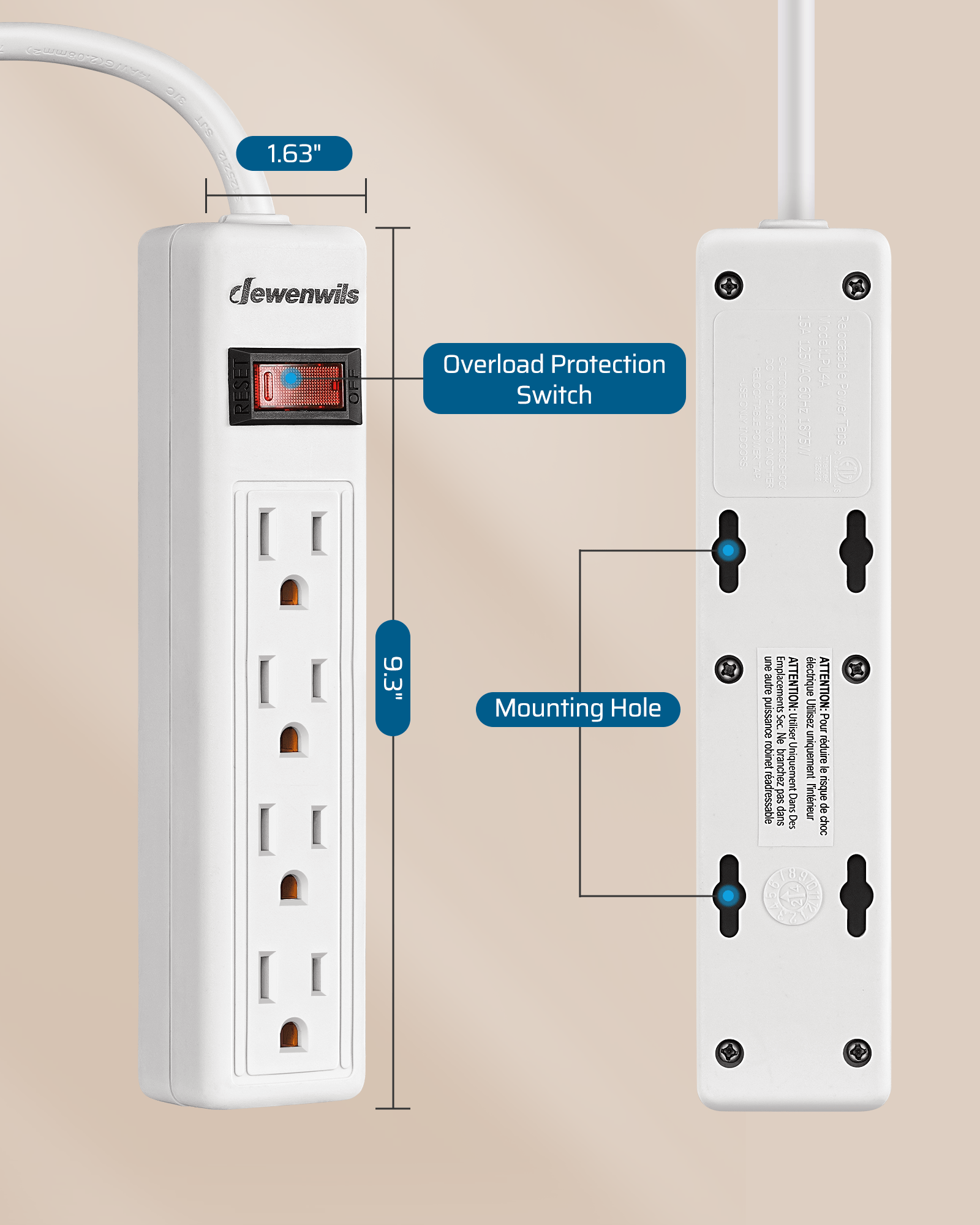 DEWENWILS 2 Pack 4 Outlets Power Strip, 2FT Short Cord with Flat Angled Plug, Portable Small Power Strip, 15A 125V 1875W, Wall Mount Design for Home Office Dorm, White-HHPS02F
